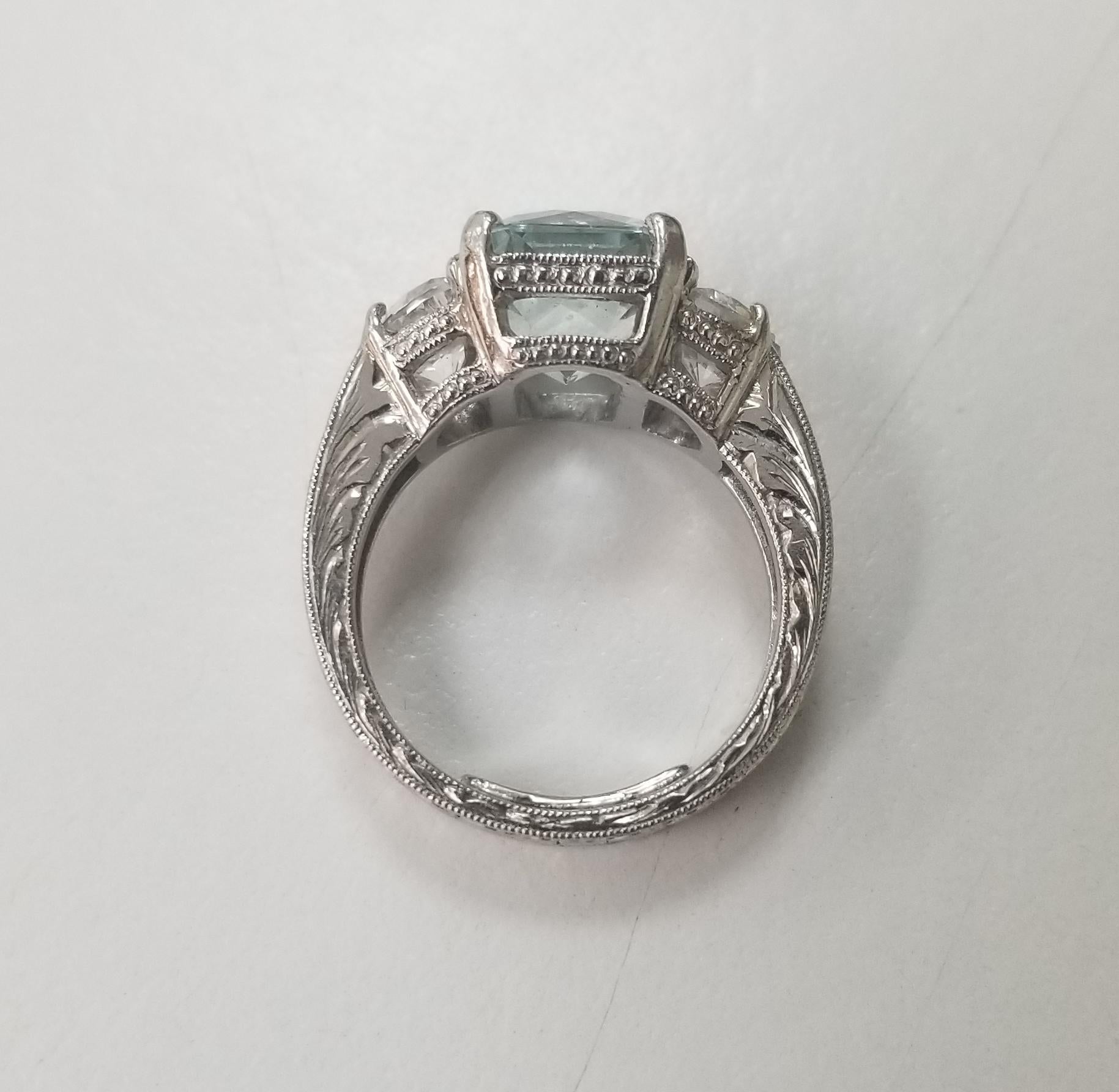 Platinum Hand Engraved Aquamarine with Half Moons In Excellent Condition In Los Angeles, CA