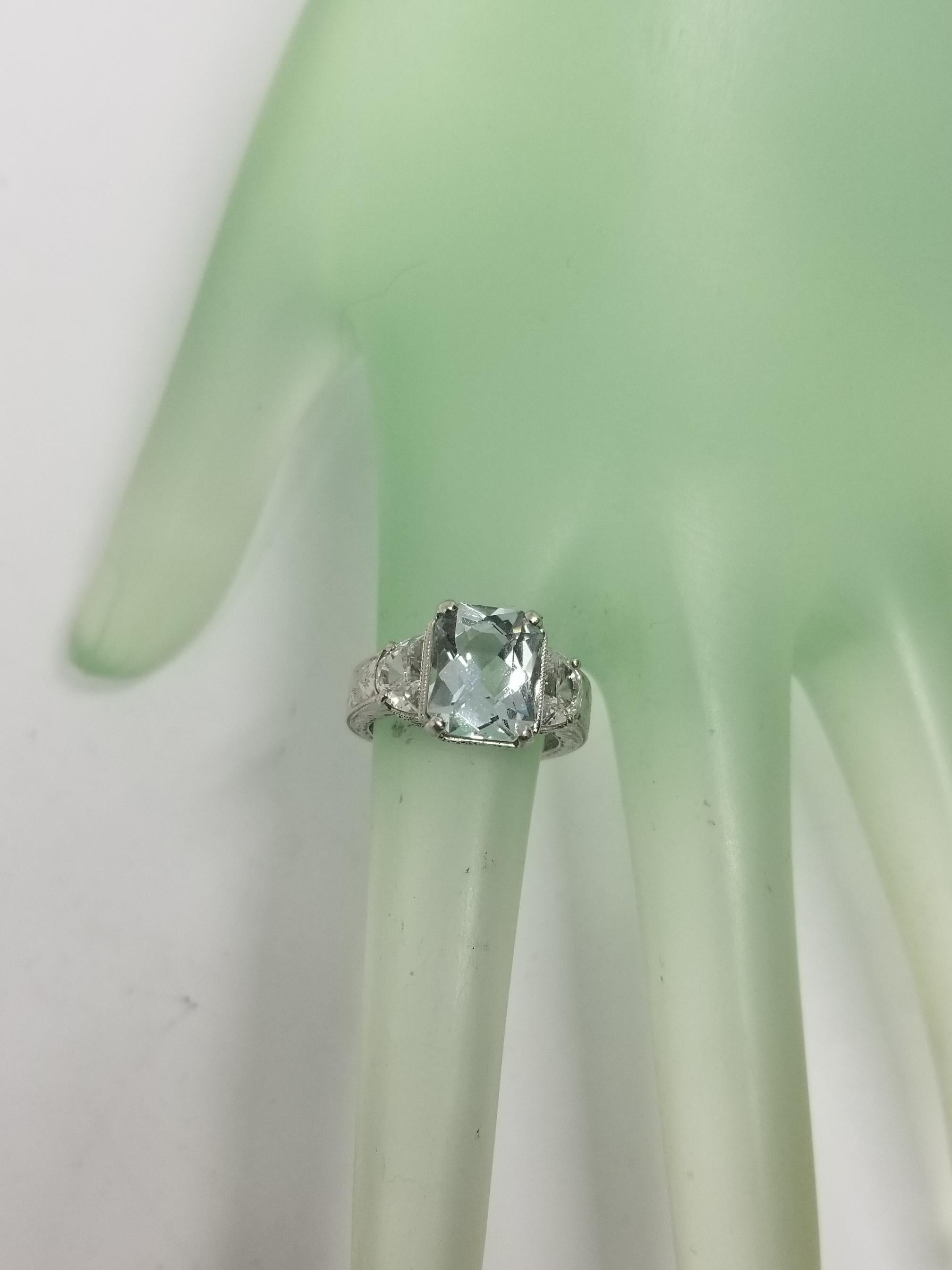 Women's or Men's Platinum Hand Engraved Aquamarine with Half Moons