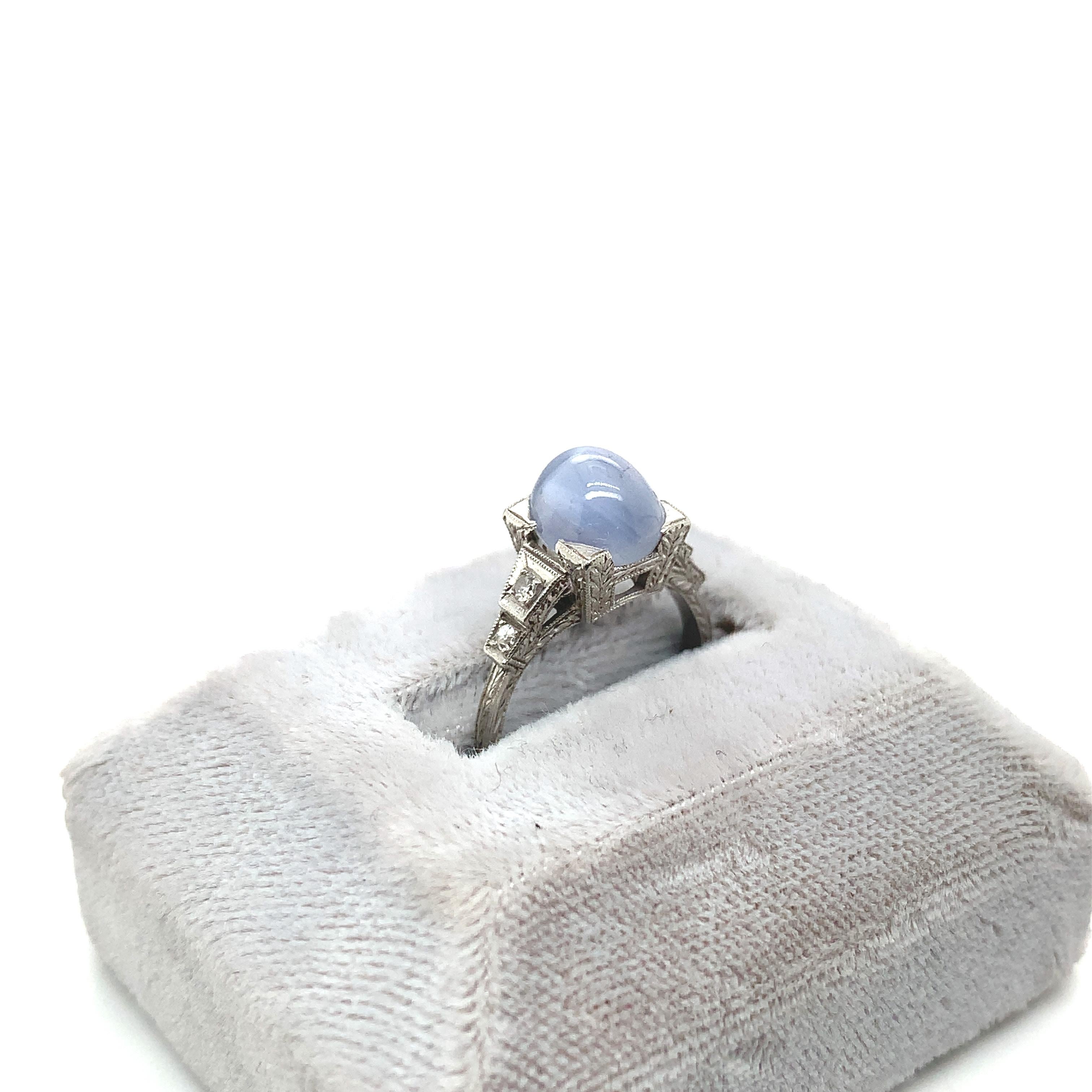 Platinum Hand Engraved Star Sapphire and Diamond Ring In Good Condition For Sale In Big Bend, WI