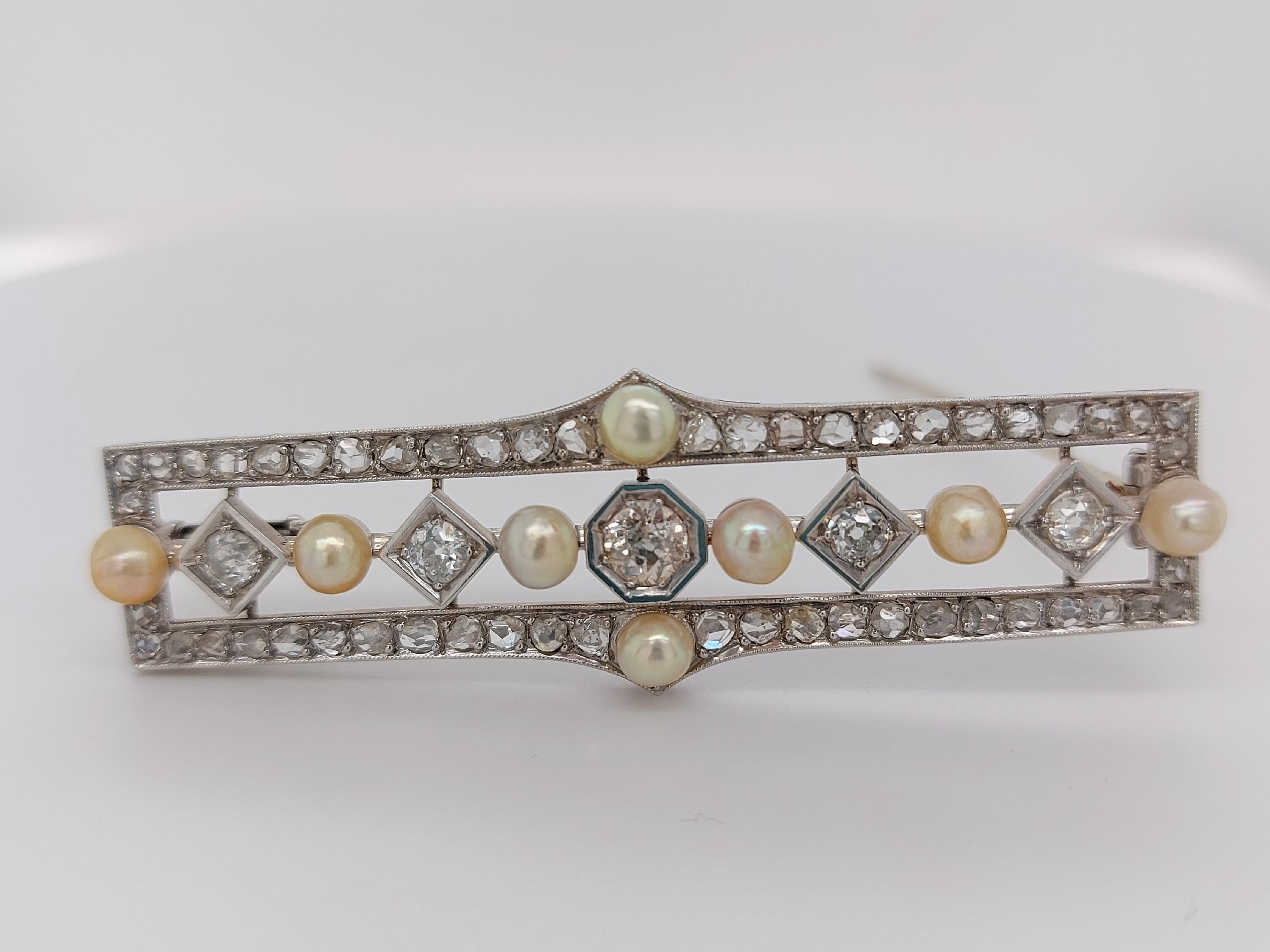 Platinum Handmade Bar Brooch with Diamond and Pearls For Sale 4