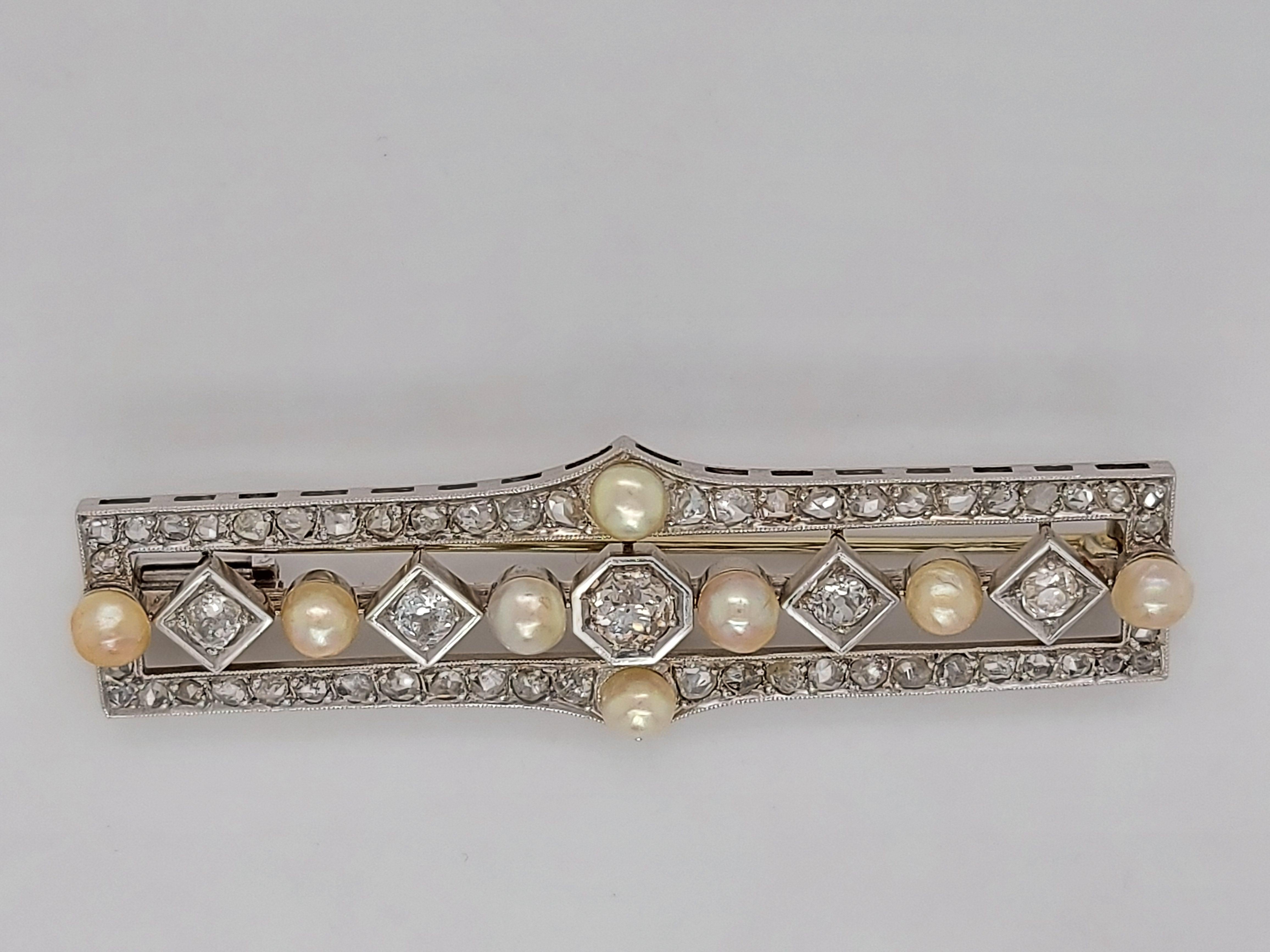 Platinum Handmade Bar Brooch with Diamond and Pearls For Sale 5