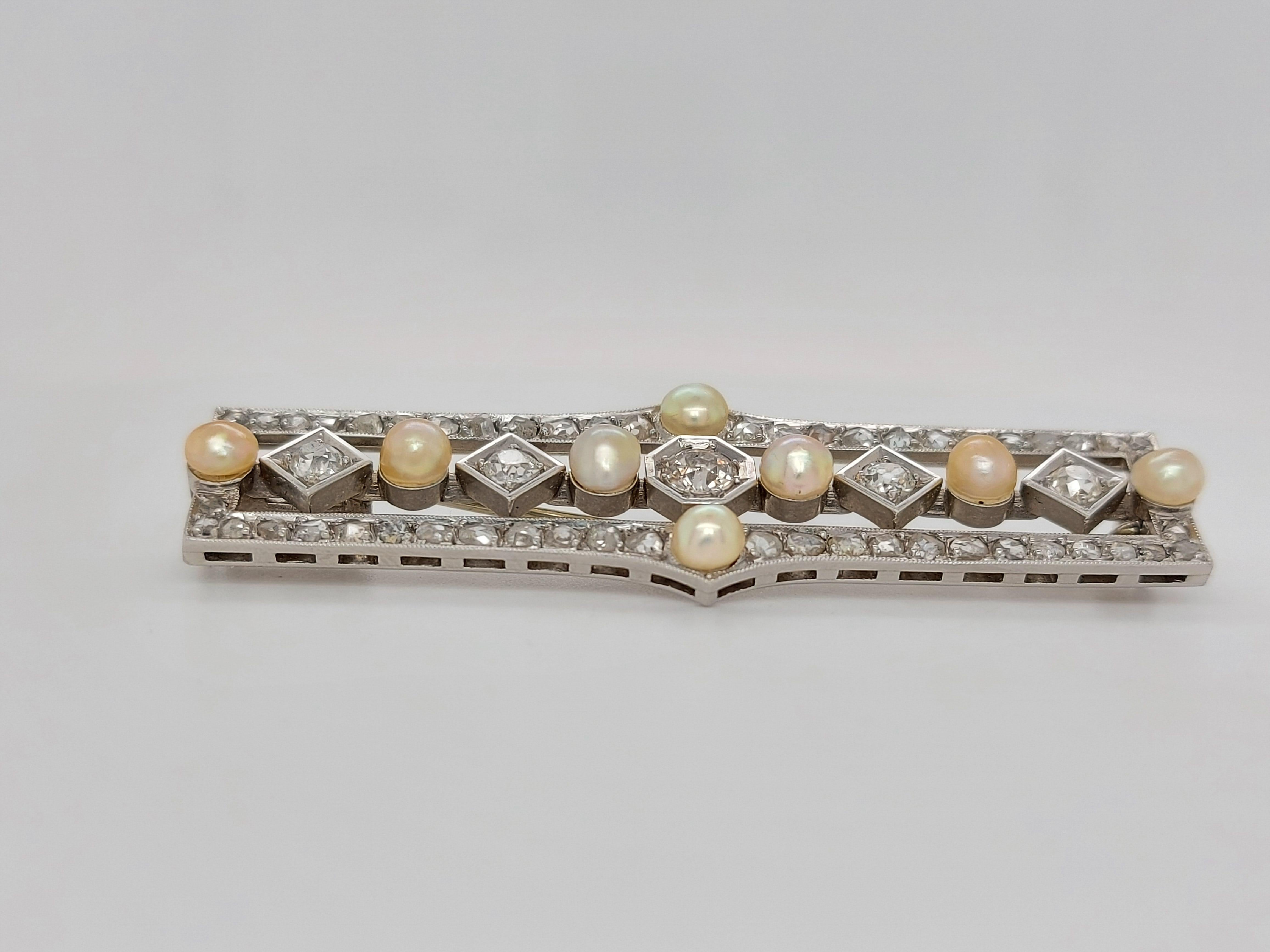 Platinum Handmade Bar Brooch with Diamond and Pearls For Sale 6