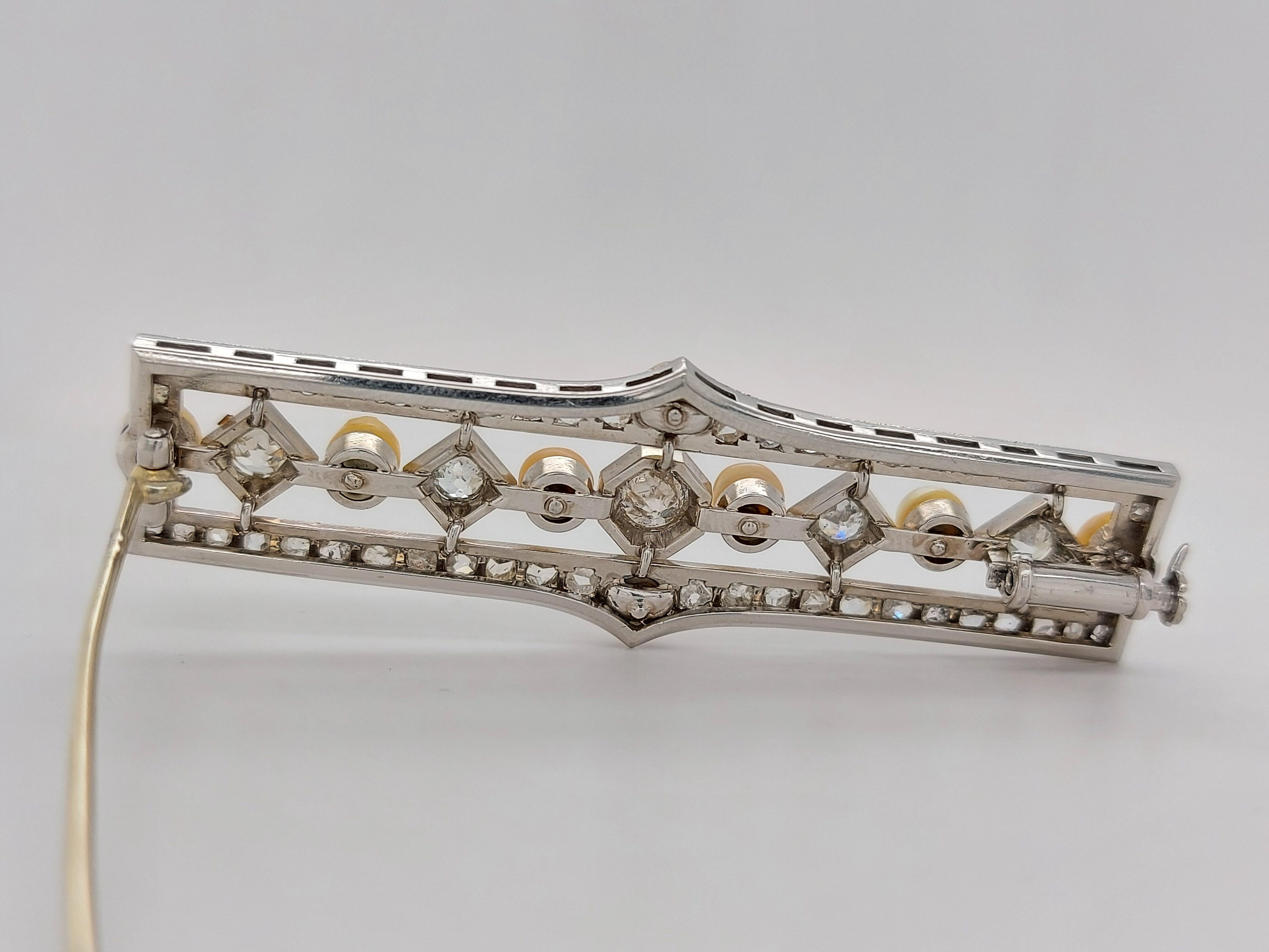 Platinum Handmade Bar Brooch with Diamond and Pearls For Sale 7