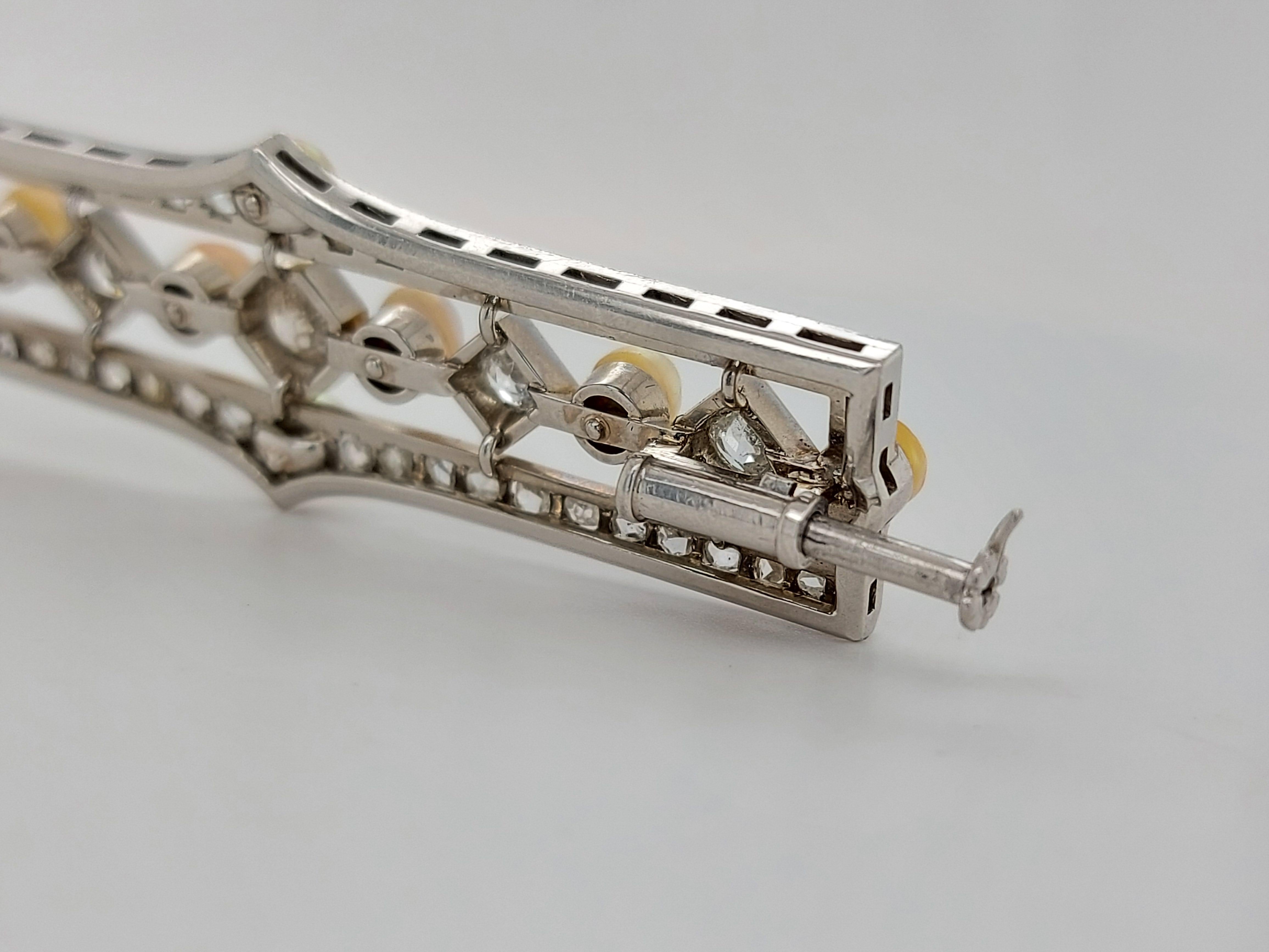 Platinum Handmade Bar Brooch with Diamond and Pearls For Sale 8