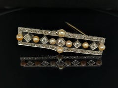 Platinum Handmade Bar Brooch with Diamond and Pearls