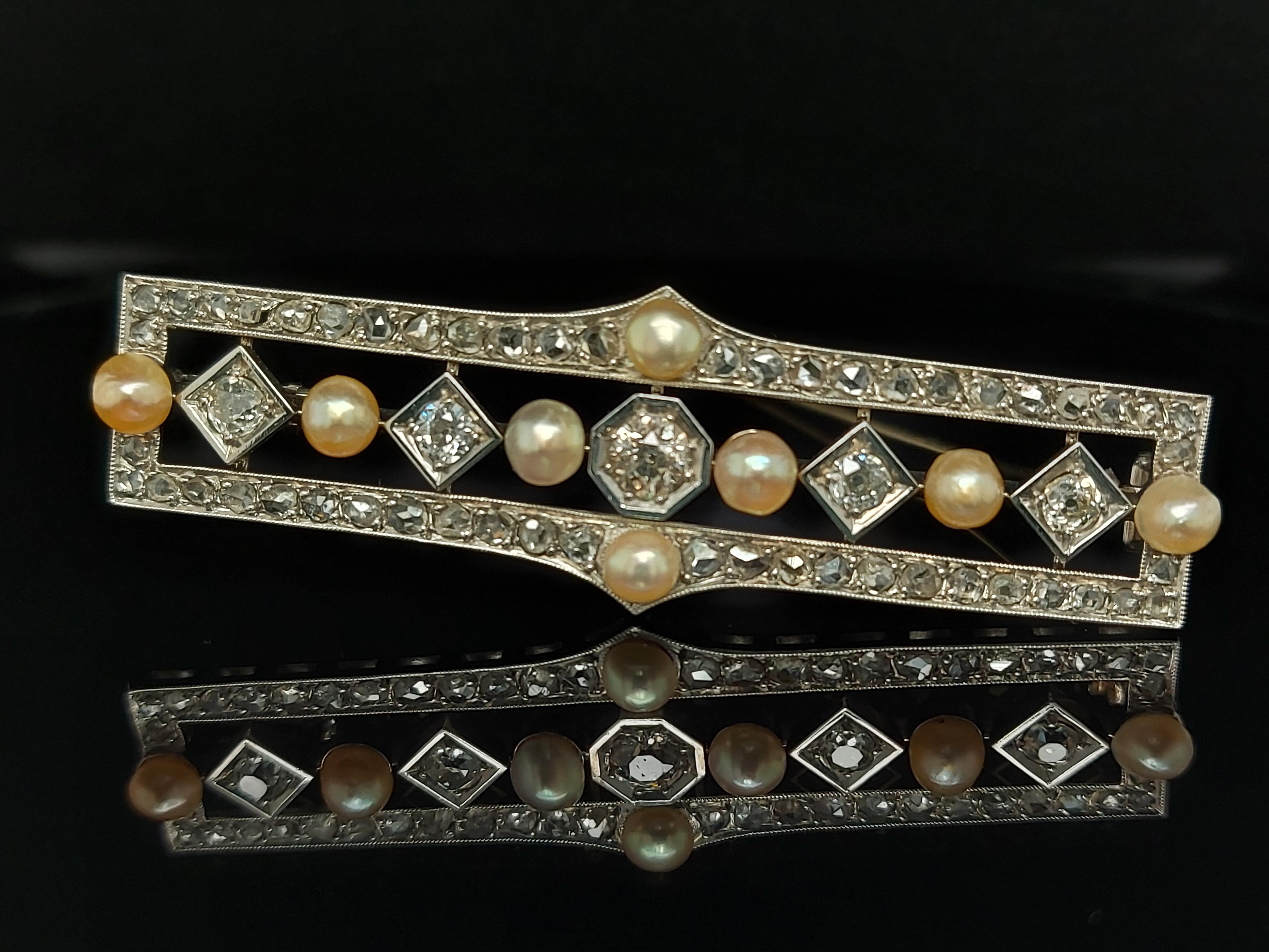 Artisan Platinum Handmade Bar Brooch with Diamond and Pearls For Sale