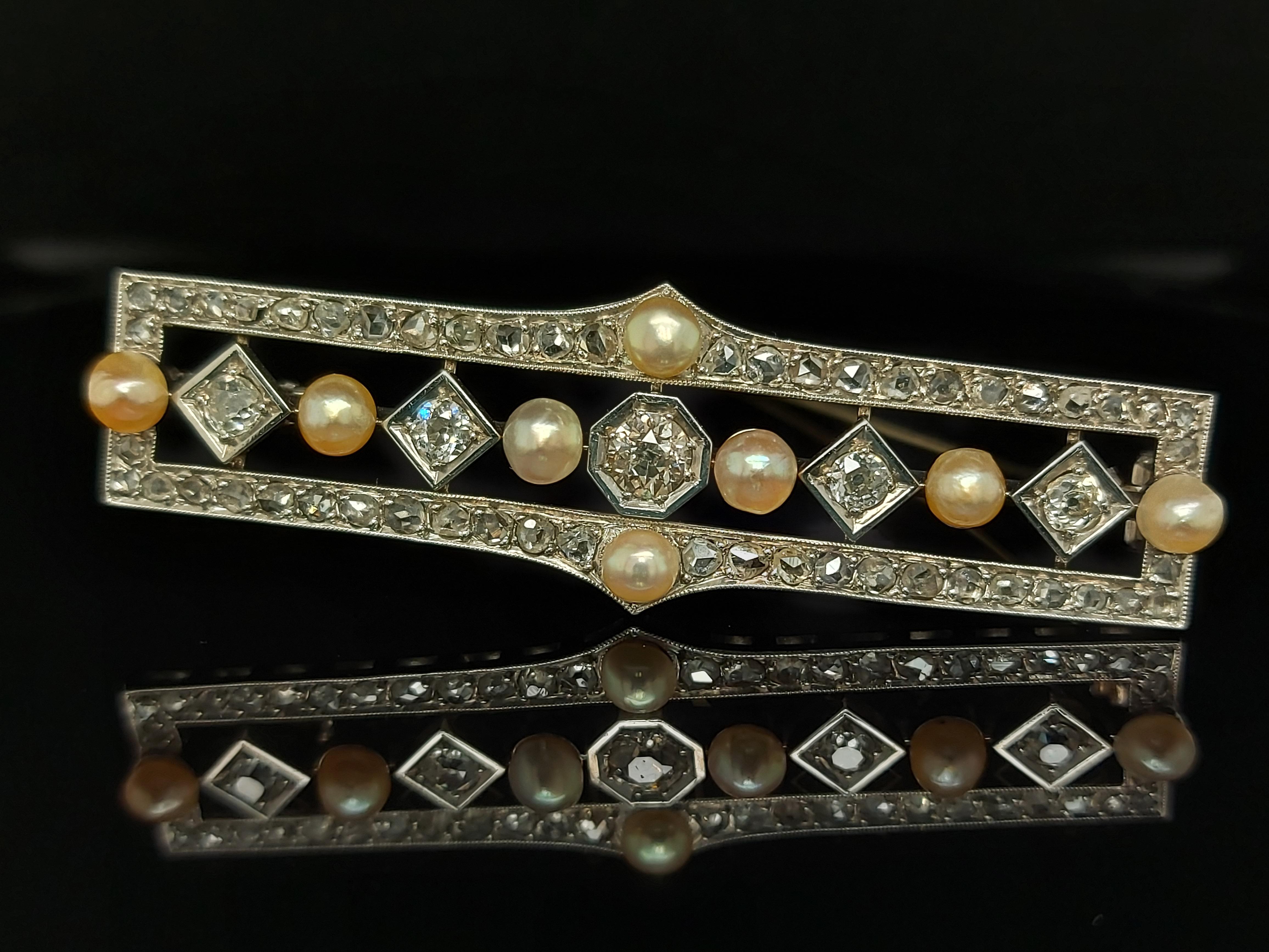 Old Mine Cut Platinum Handmade Bar Brooch with Diamond and Pearls For Sale