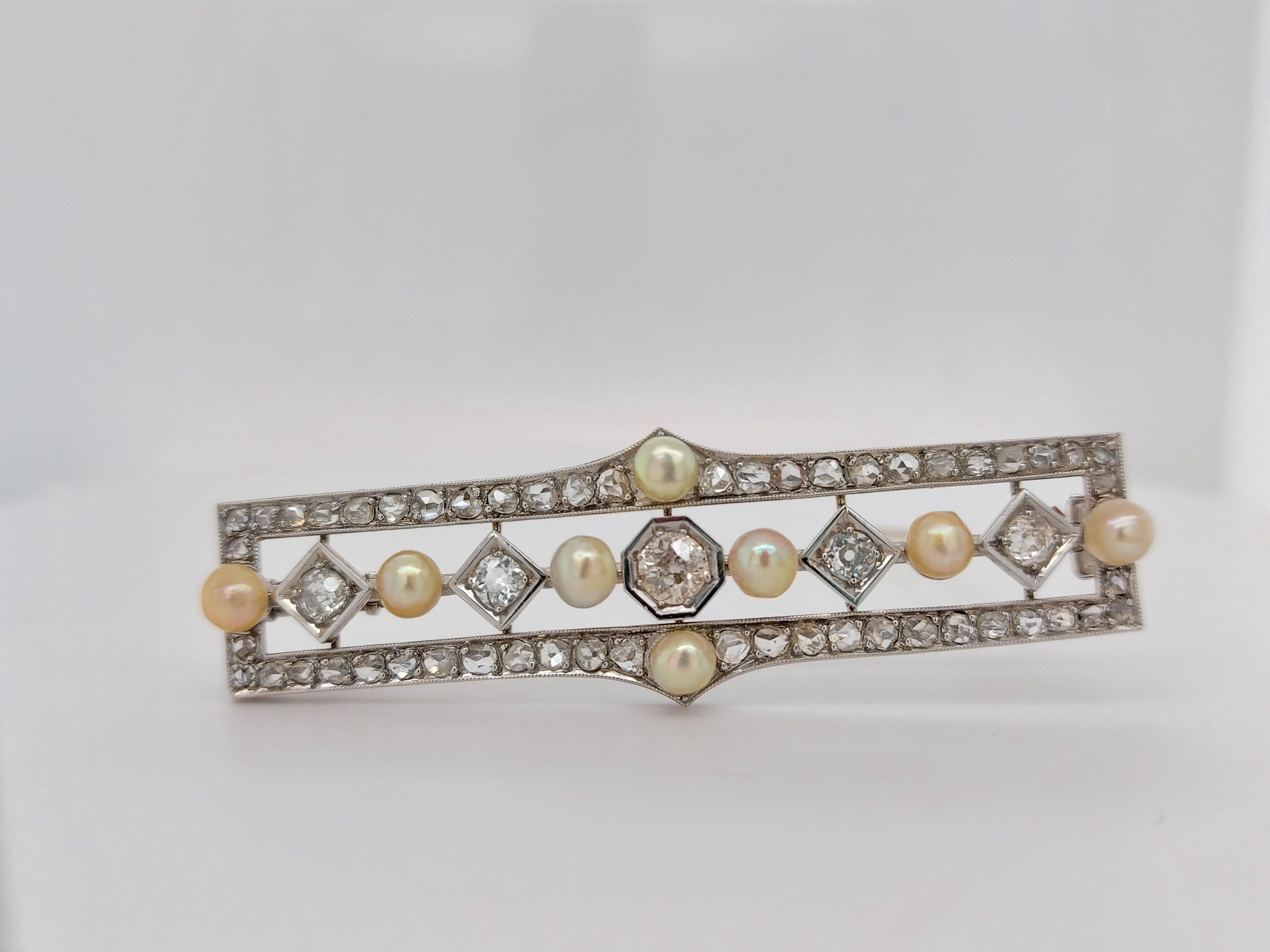 Platinum Handmade Bar Brooch with Diamond and Pearls For Sale 2