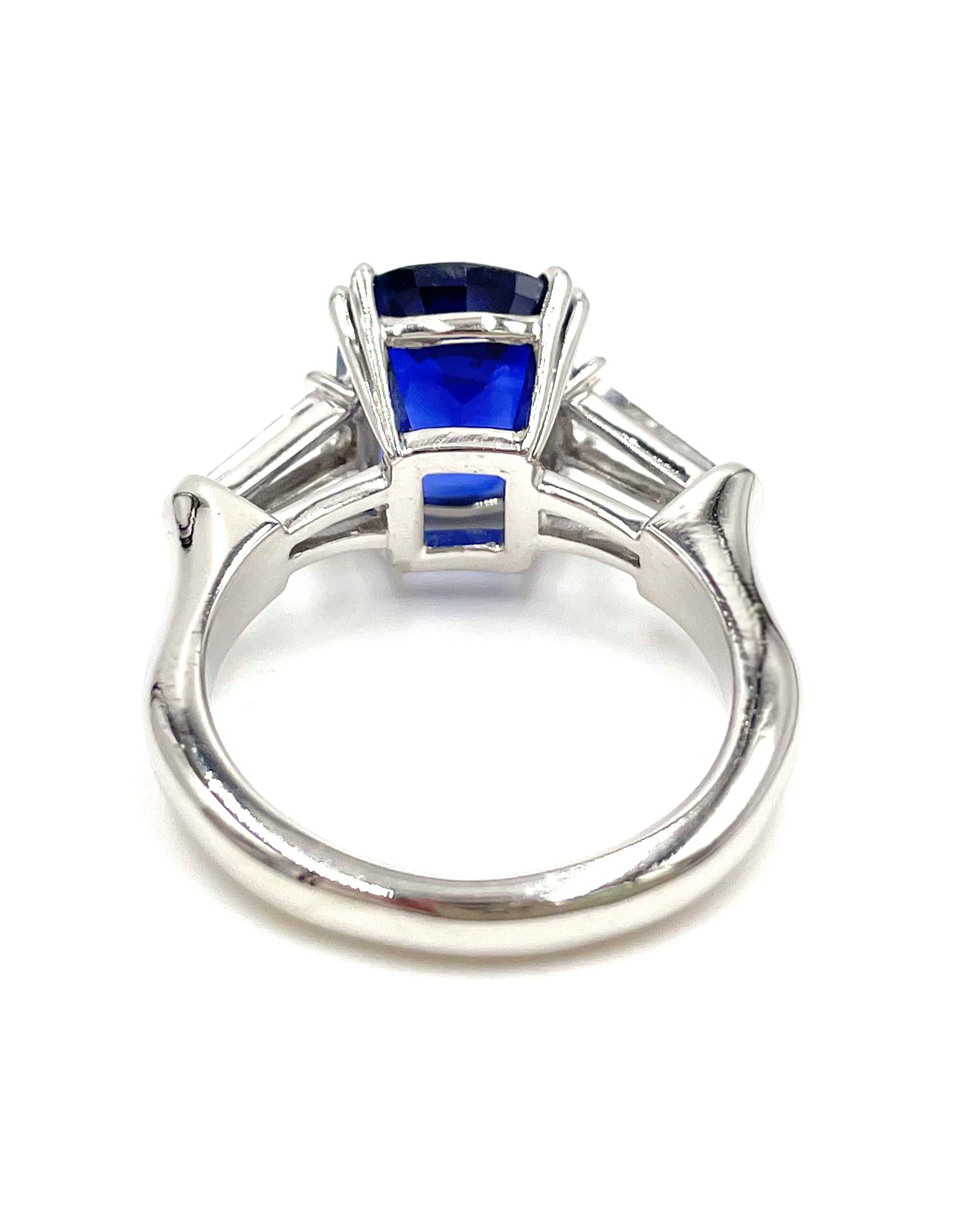 Cushion Cut Platinum Hand Made Ring with Baguettes and Ceylon Sapphire, Certified For Sale