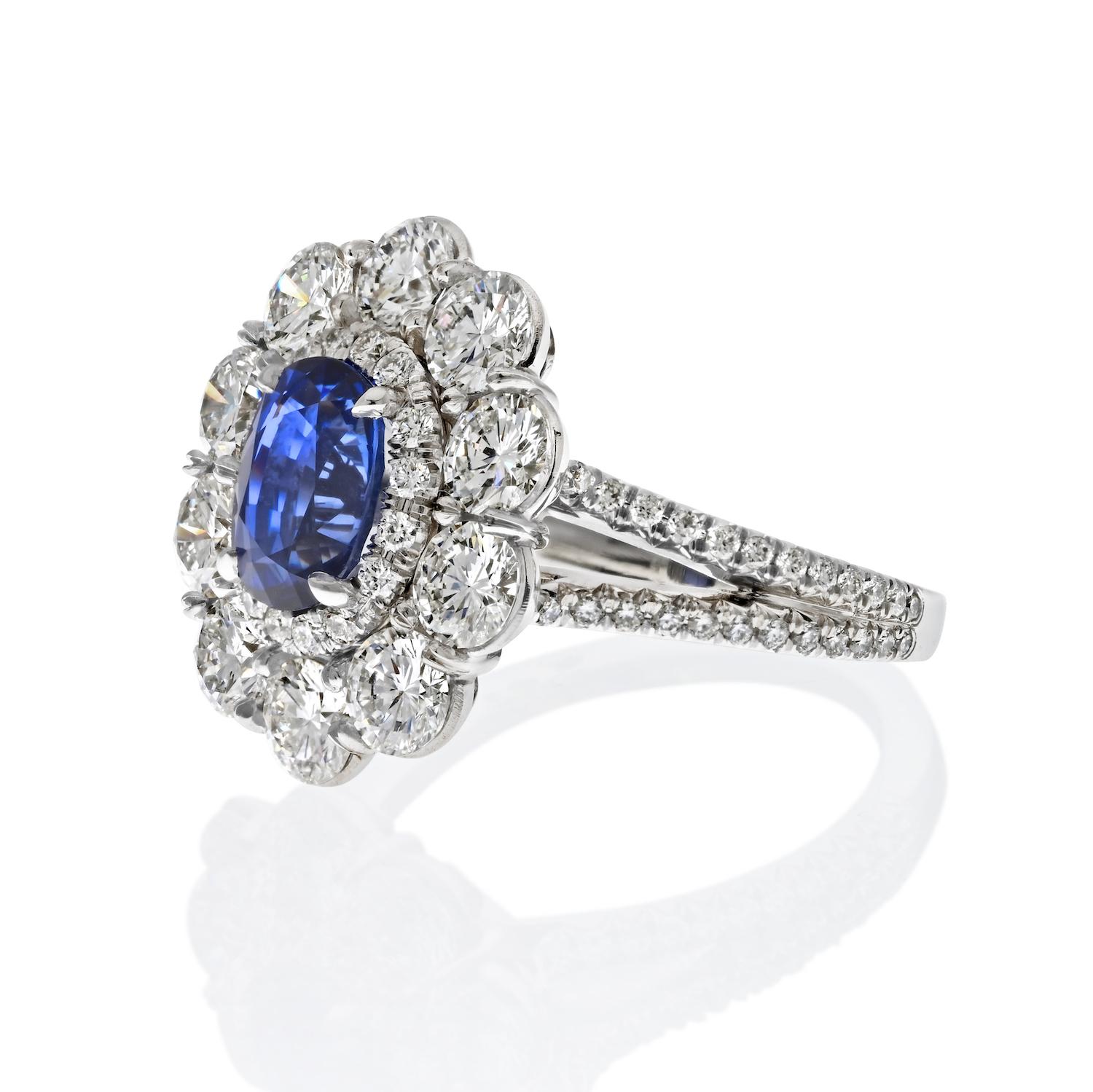 Modern Platinum Handmade 1.70ct Oval Cut Blue Sapphire And Diamond Ring For Sale