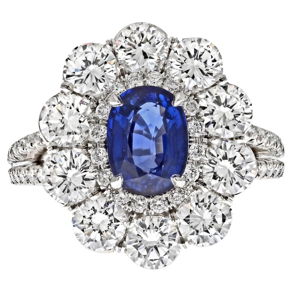 Platinum Handmade 1.70ct Oval Cut Blue Sapphire And Diamond Ring For Sale