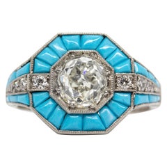 Platinum Handmade Antique Mine Diamond and Turquoise Ring