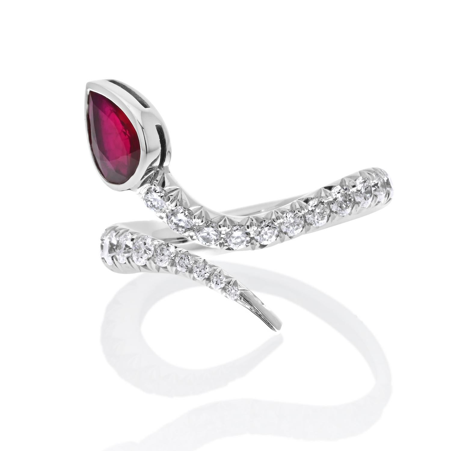 Modern Platinum Handmade Diamond And 0.30ct Ruby Wrap Serpent Ring For Sale