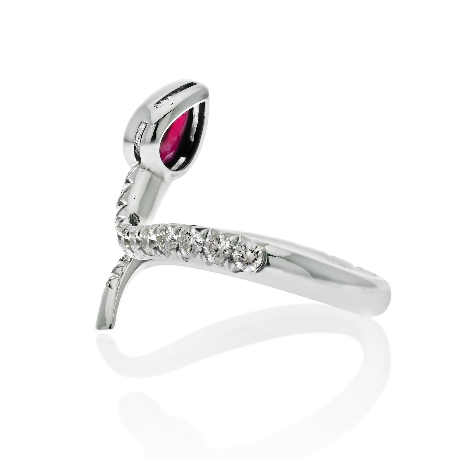 Pear Cut Platinum Handmade Diamond And 0.30ct Ruby Wrap Serpent Ring For Sale