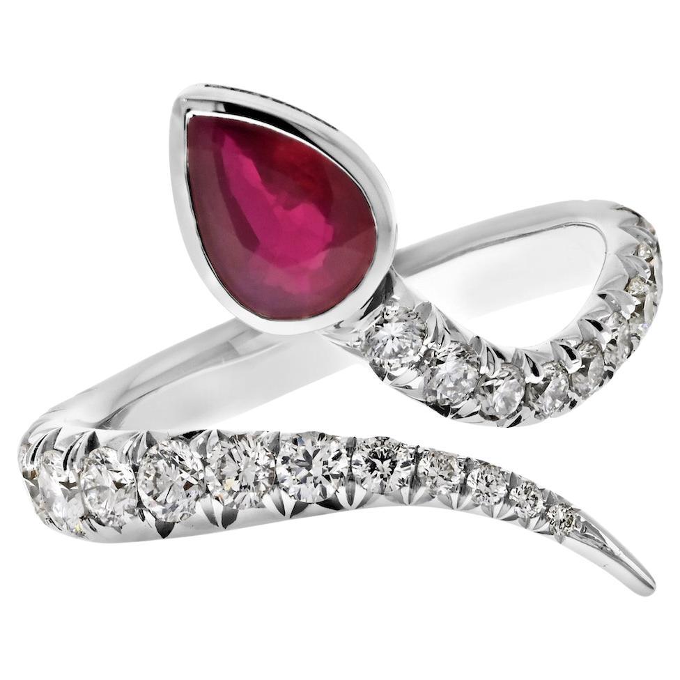 Platinum Handmade Diamond And 0.30ct Ruby Wrap Serpent Ring For Sale
