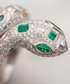 Platinum Handmade Diamond And Emerald Snake Serpent Wrap Ring