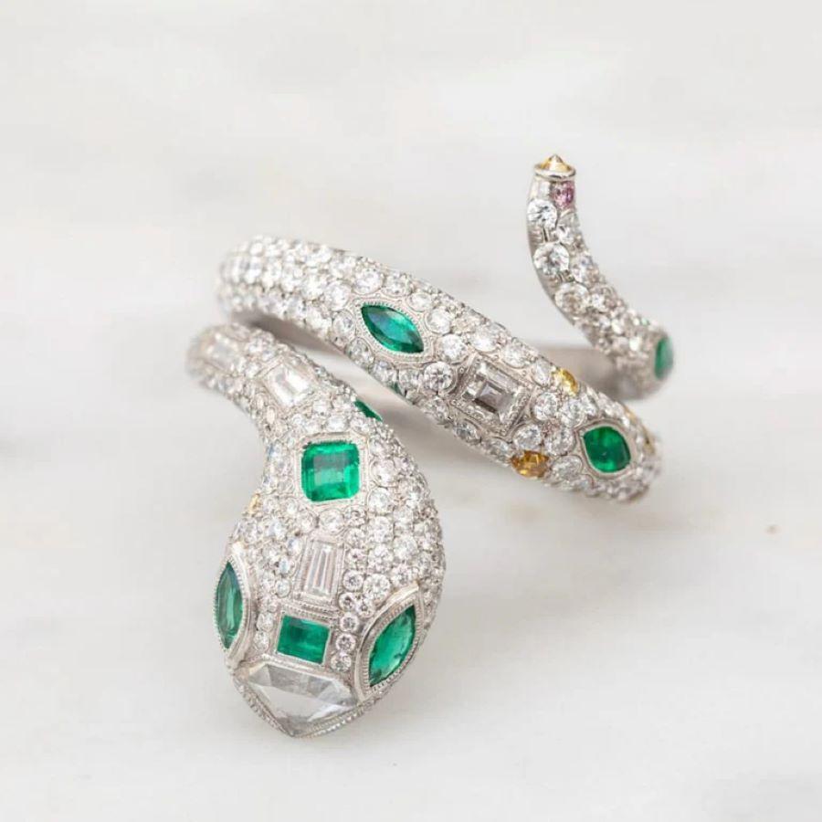 Modern Platinum Handmade Diamond And Emerald Snake Serpent Wrap Ring For Sale