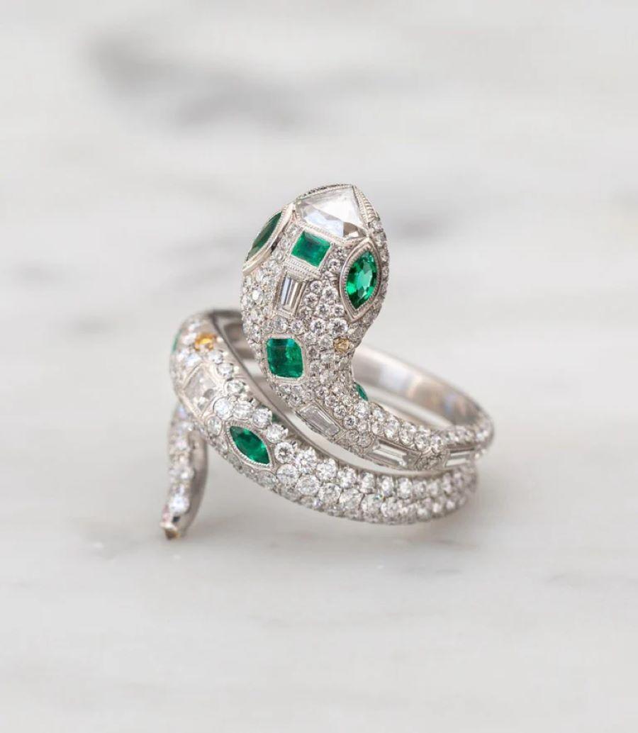 Round Cut Platinum Handmade Diamond And Emerald Snake Serpent Wrap Ring For Sale