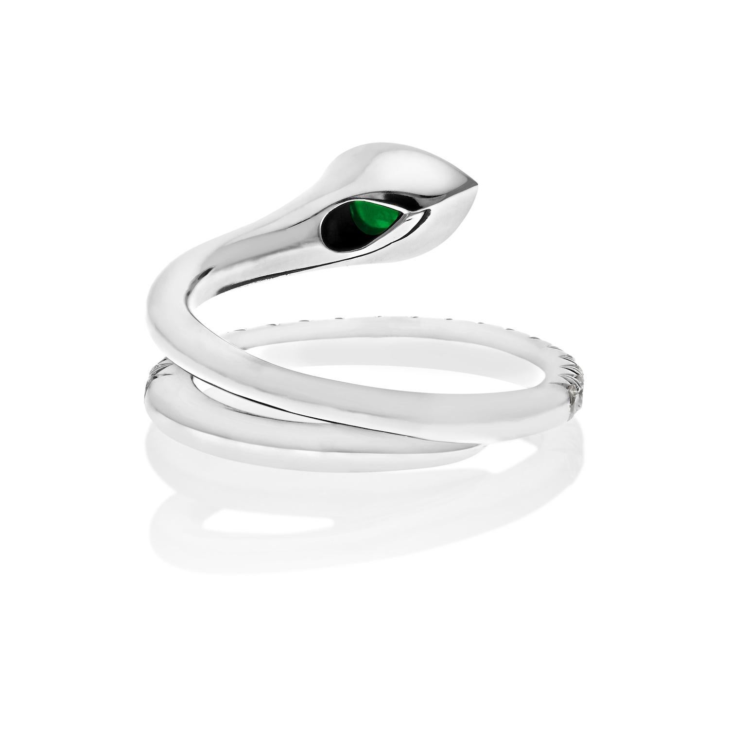 Modern Platinum Handmade Diamond And Emerald Wrap Serpent Ring For Sale
