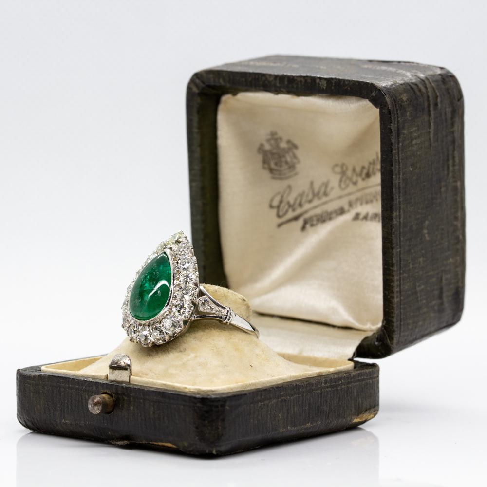 Platinum Handmade Emerald and Diamonds Halo Ring For Sale 2