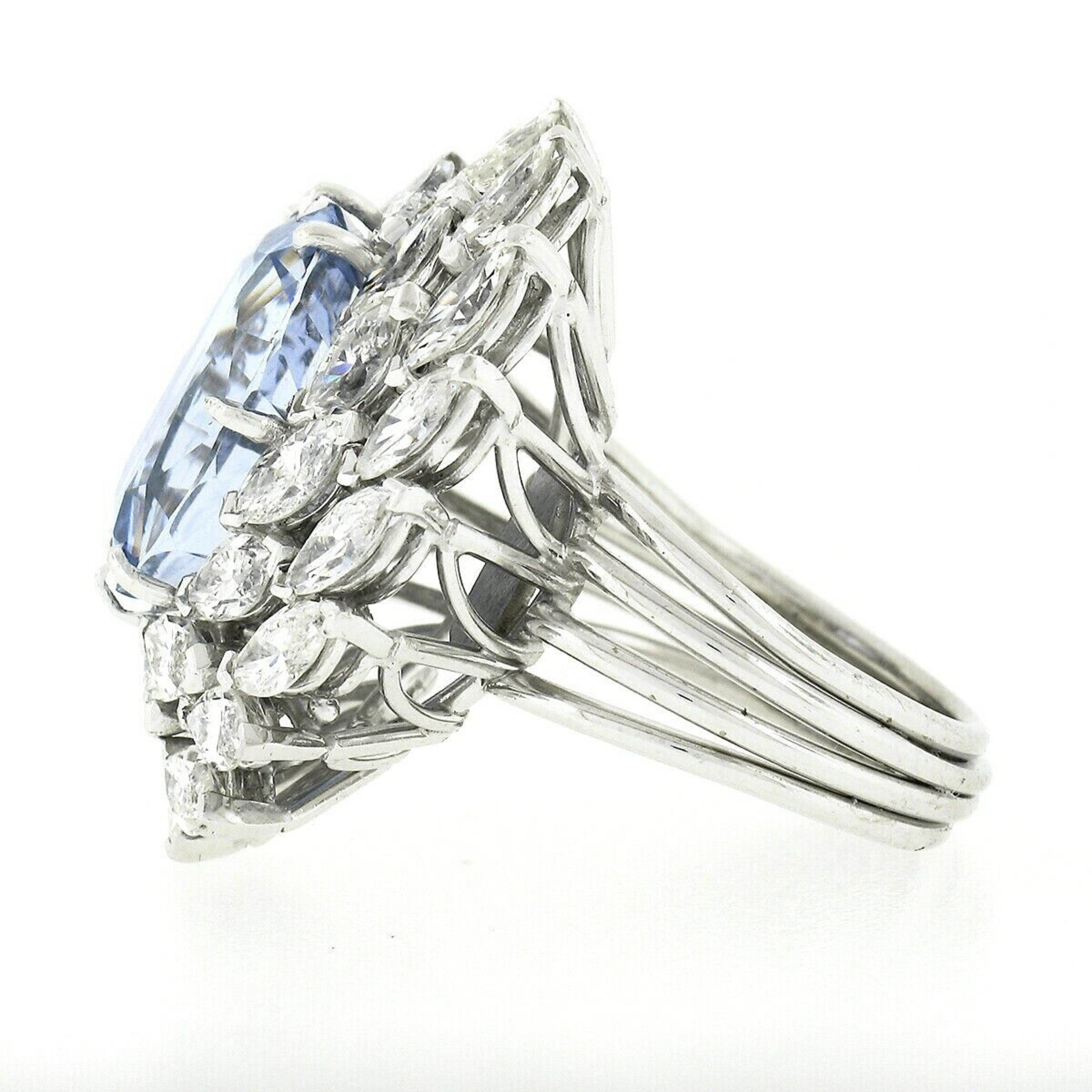Platinum Handmade GIA Ceylon No Heat Oval Sapphire & Marquise Diamond Halo Ring For Sale 1