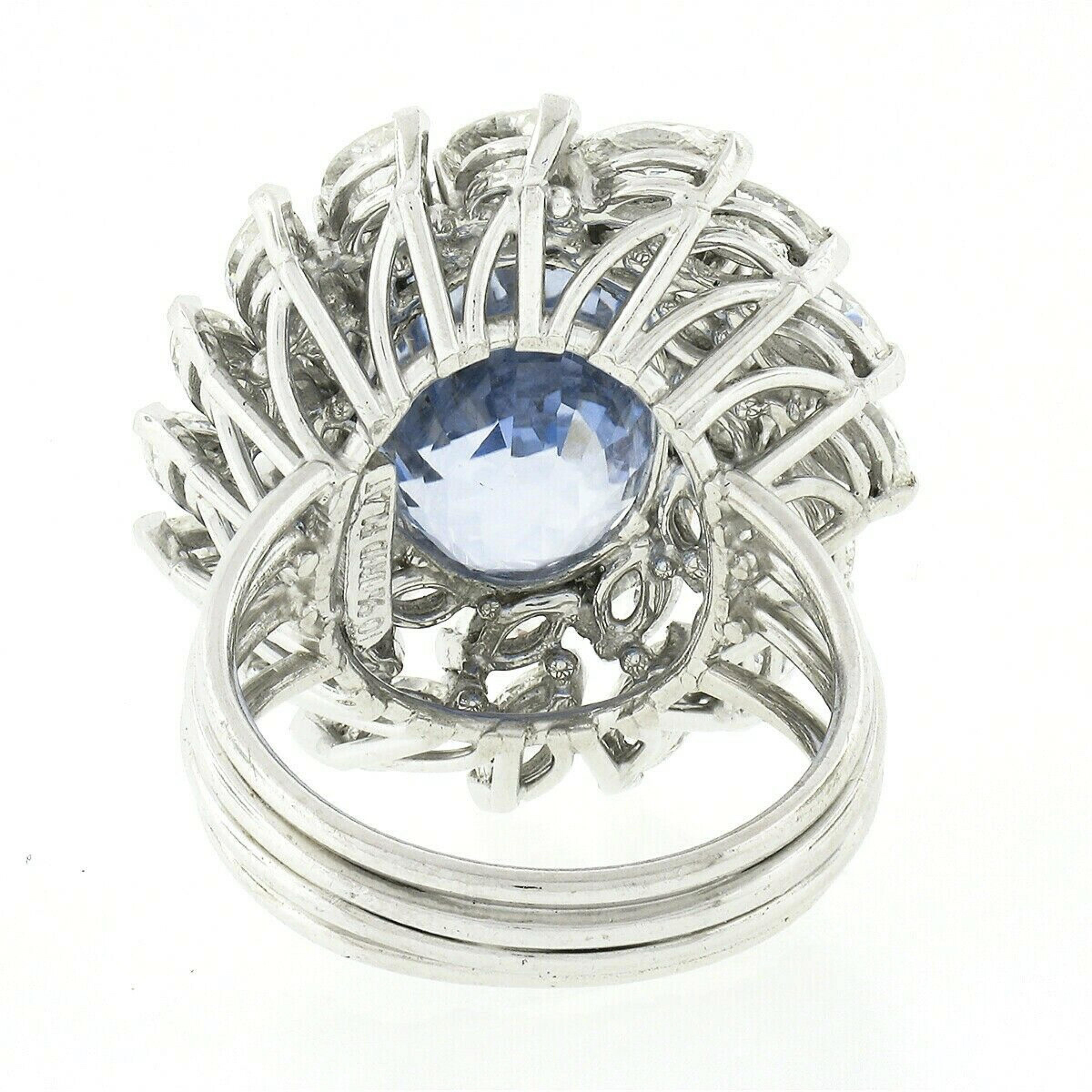 Platinum Handmade GIA Ceylon No Heat Oval Sapphire & Marquise Diamond Halo Ring For Sale 2