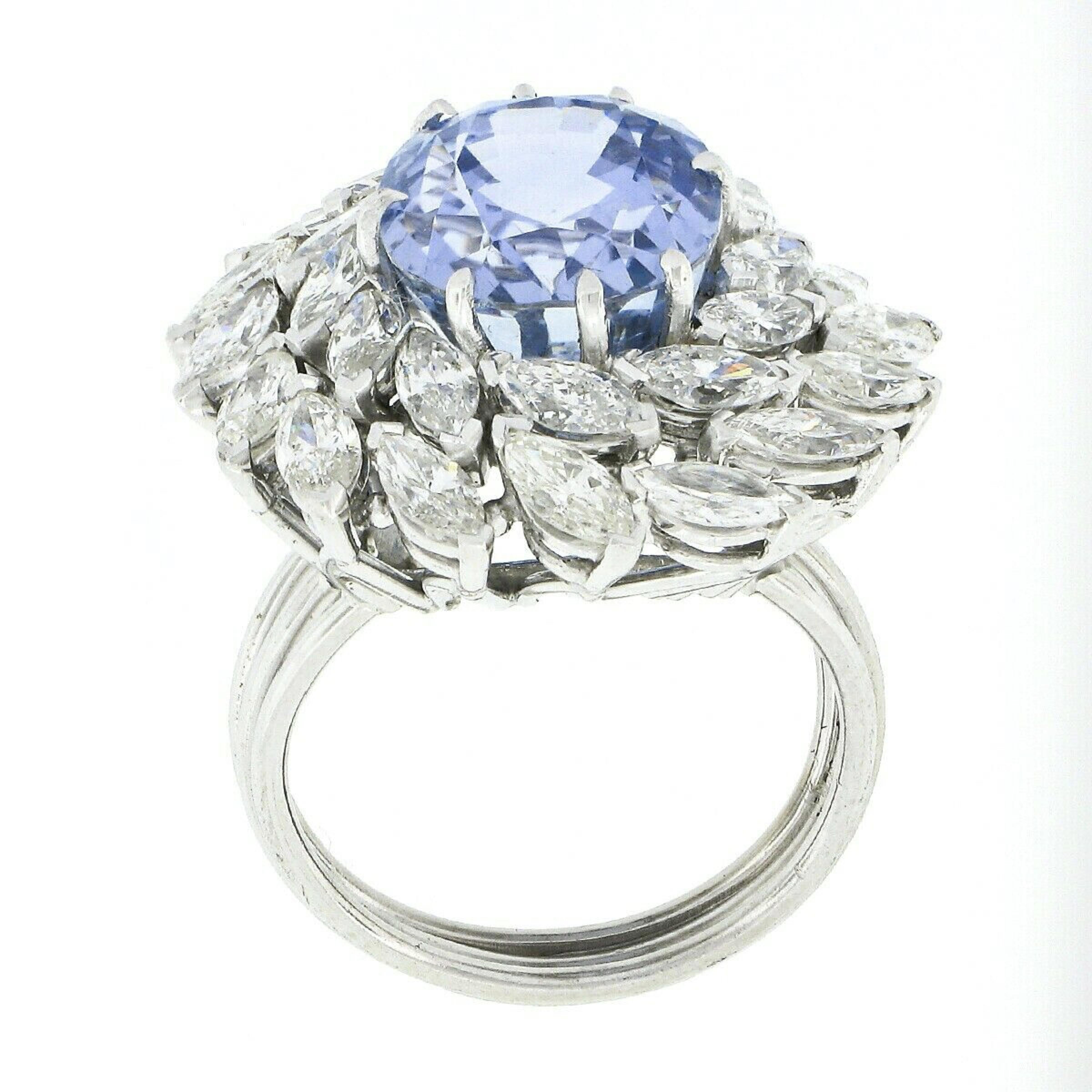 Platinum Handmade GIA Ceylon No Heat Oval Sapphire & Marquise Diamond Halo Ring For Sale 3
