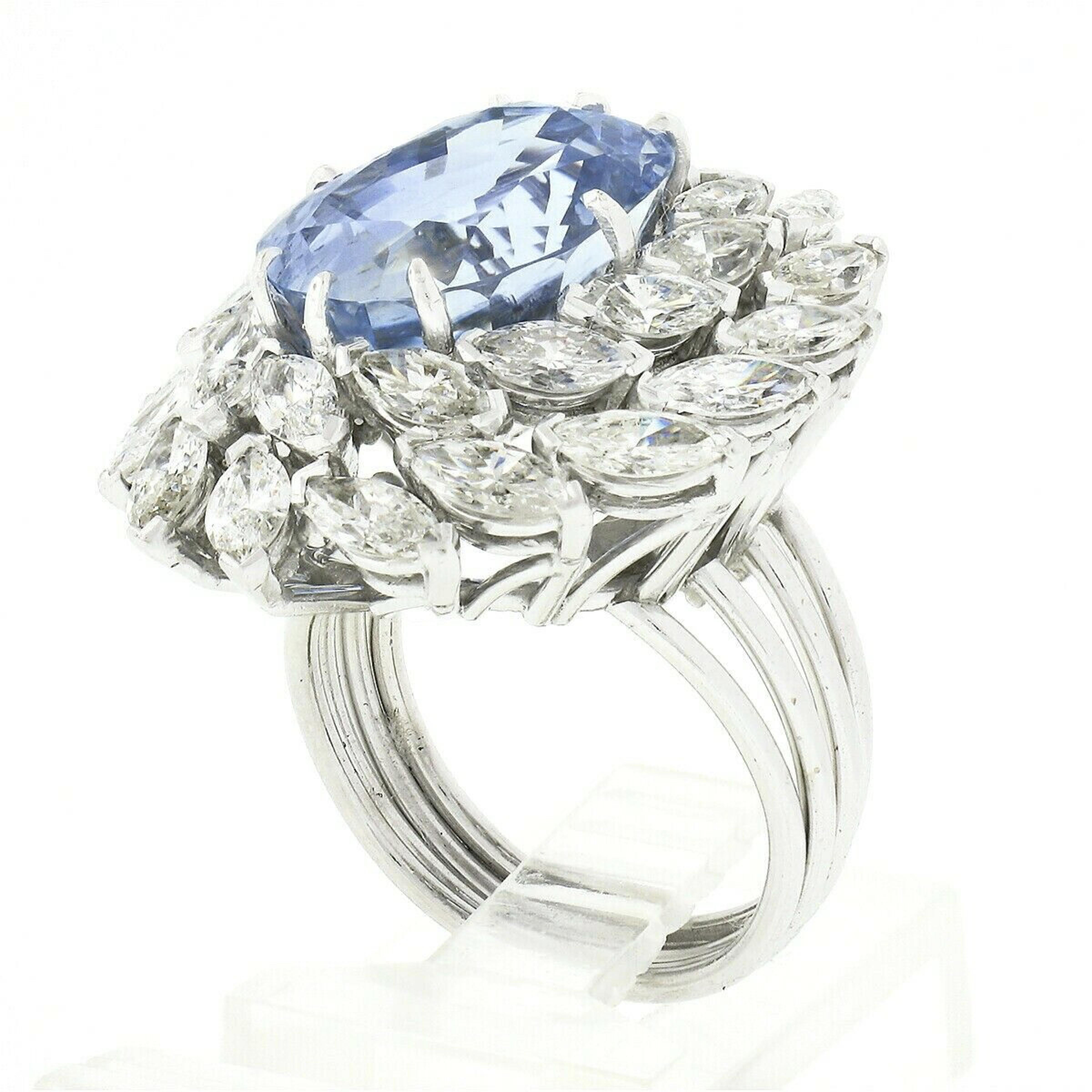 Platinum Handmade GIA Ceylon No Heat Oval Sapphire & Marquise Diamond Halo Ring For Sale 4