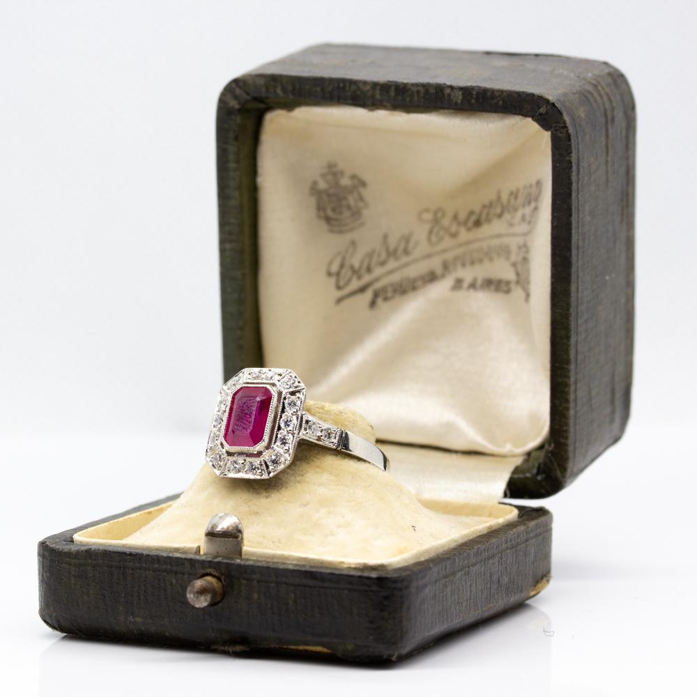 Women's or Men's Platinum Handmade Natural Burma Ruby and Antique Diamonds Ring