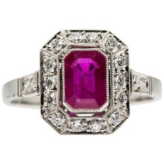 Platinum Handmade Natural Burma Ruby and Antique Diamonds Ring