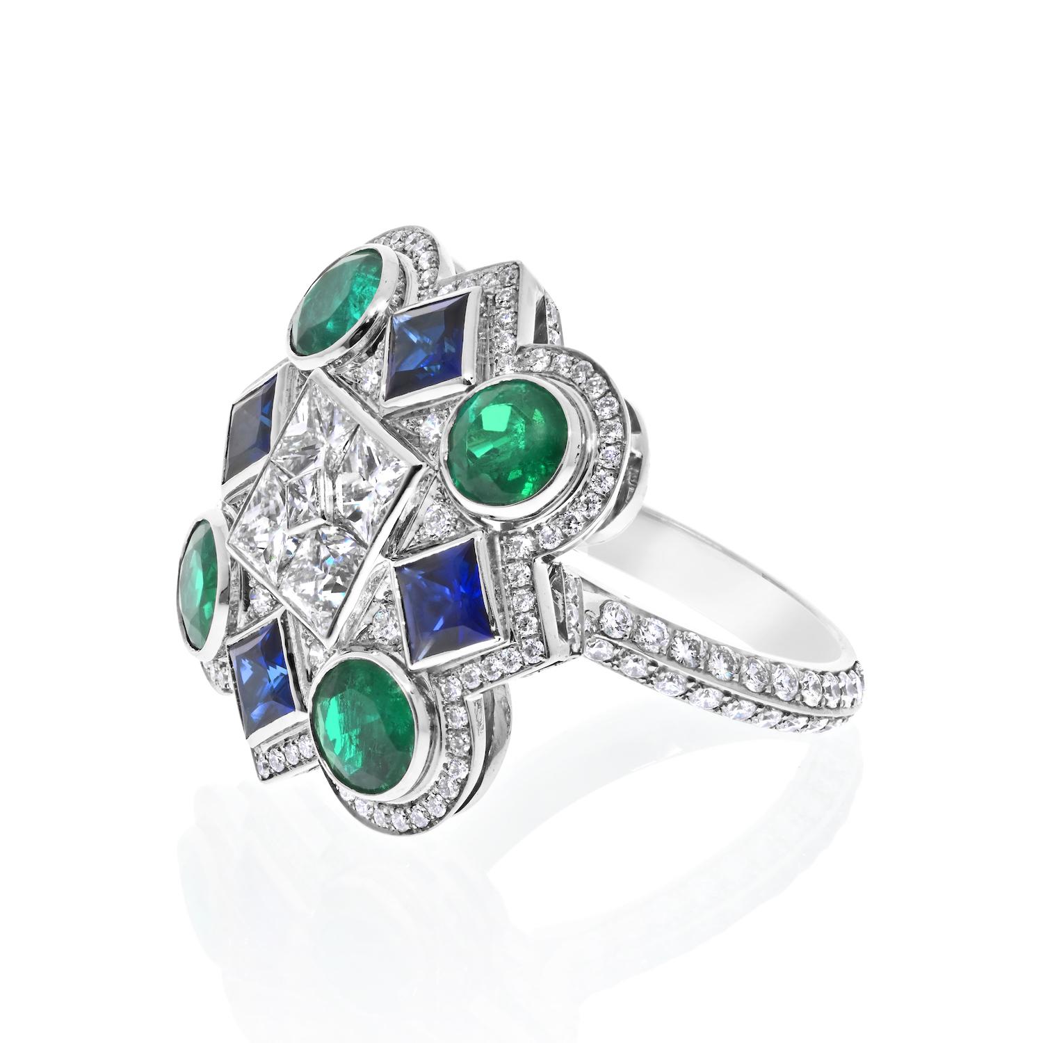 Modern Platinum Handmade Sapphire, Emerald And Diamond Kaleidoscope Cocktail Ring For Sale