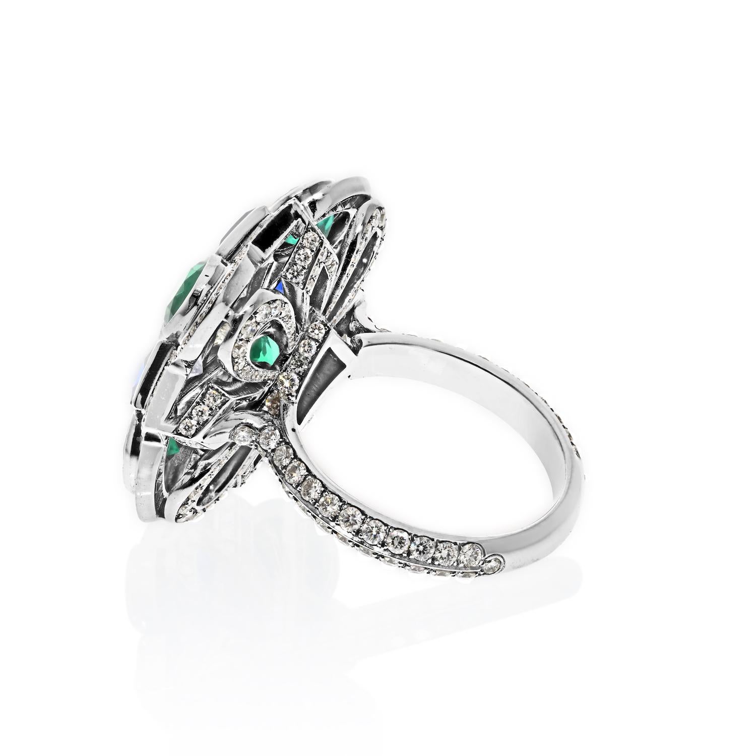 Round Cut Platinum Handmade Sapphire, Emerald And Diamond Kaleidoscope Cocktail Ring For Sale