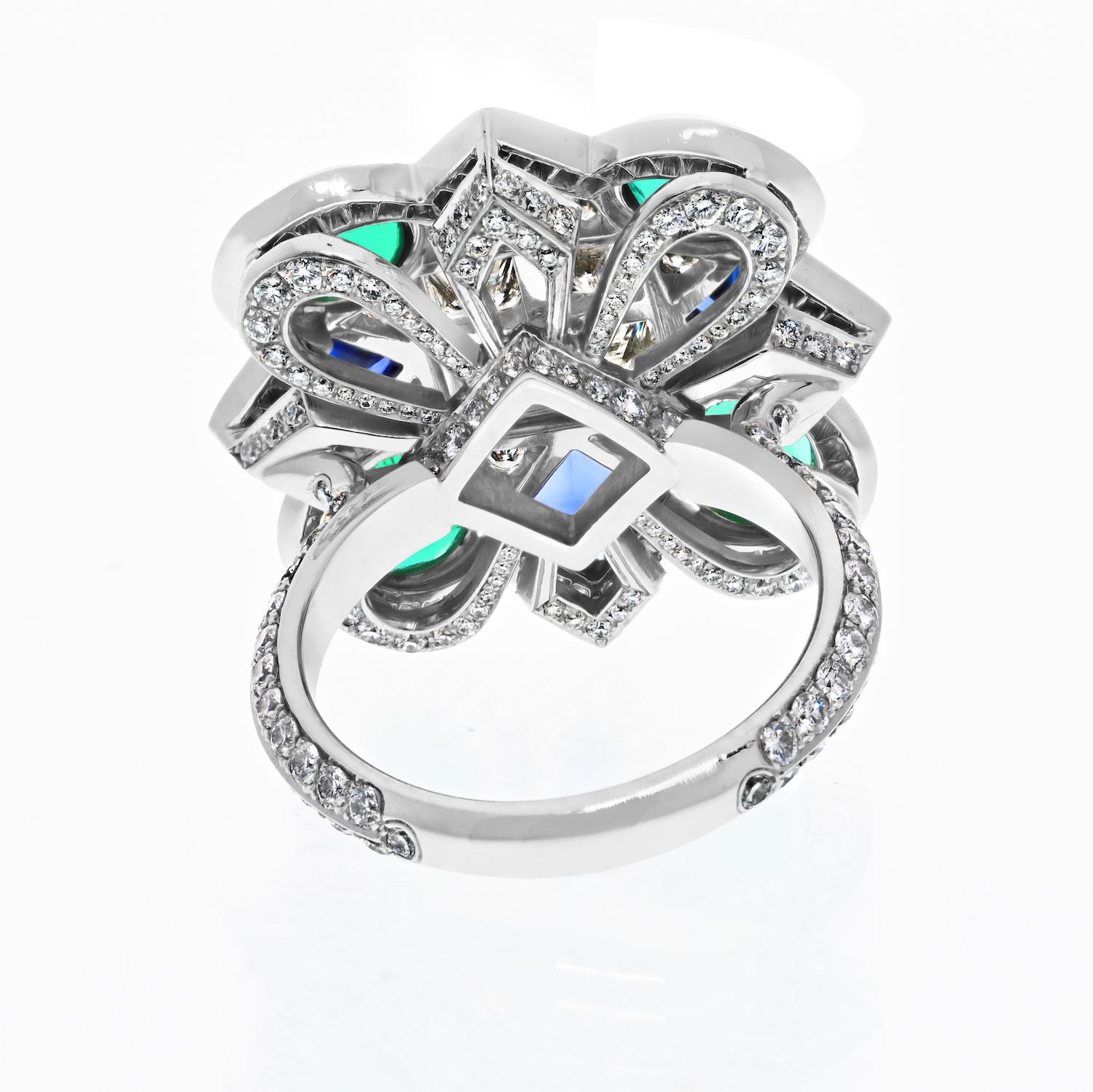 Platinum Handmade Sapphire, Emerald And Diamond Kaleidoscope Cocktail Ring In New Condition For Sale In New York, NY