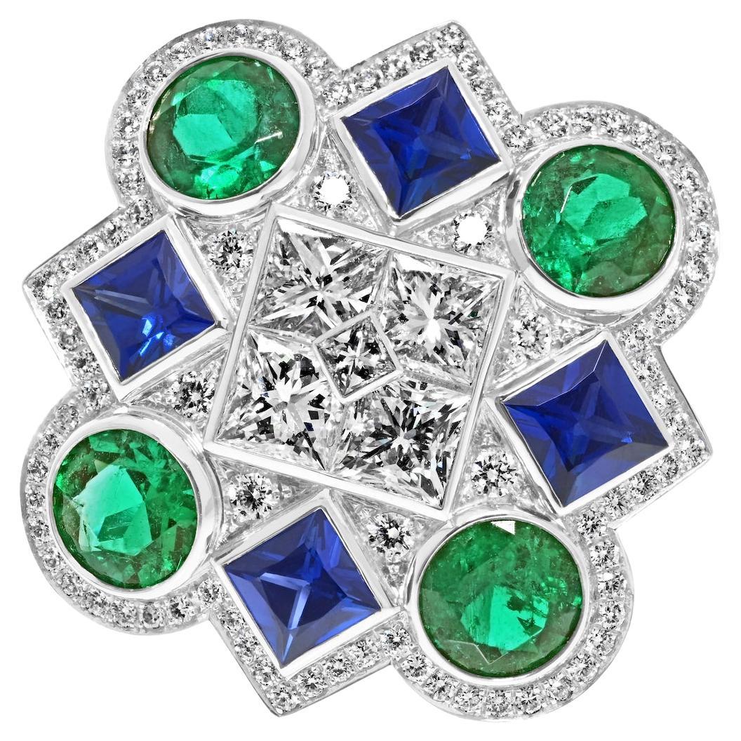 Platinum Handmade Sapphire, Emerald And Diamond Kaleidoscope Cocktail Ring For Sale