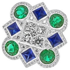 Anillo de Cóctel Caleidoscopio de Zafiro, Esmeralda y Diamantes Hecho a Mano en Platino