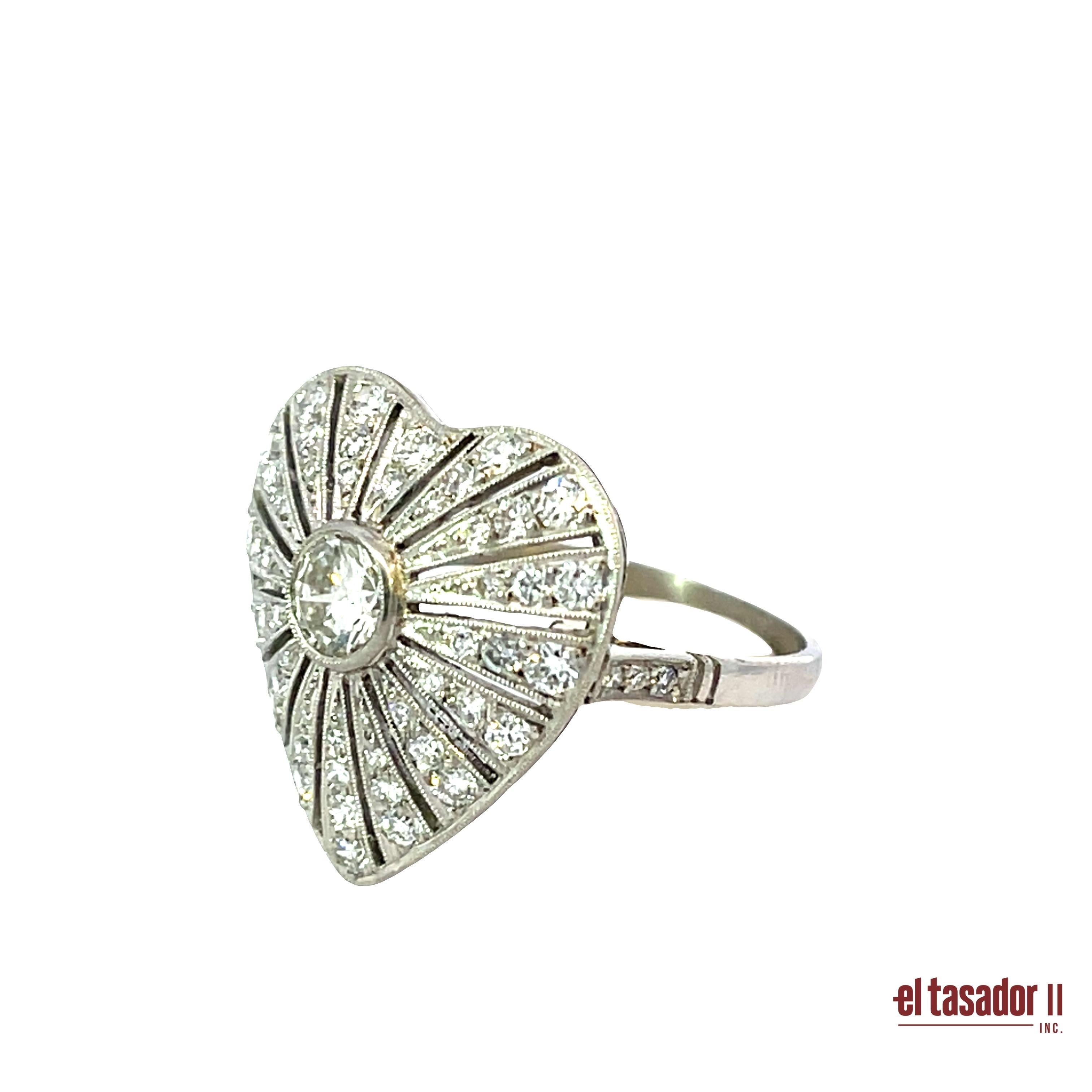 Brilliant Cut Platinum Heart Ring with 0.43ct Center Diamond and Paved Halo For Sale