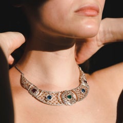 Platinum Heart-Shaped Emerald Sapphires Rubies Diamond Necklace, 1930