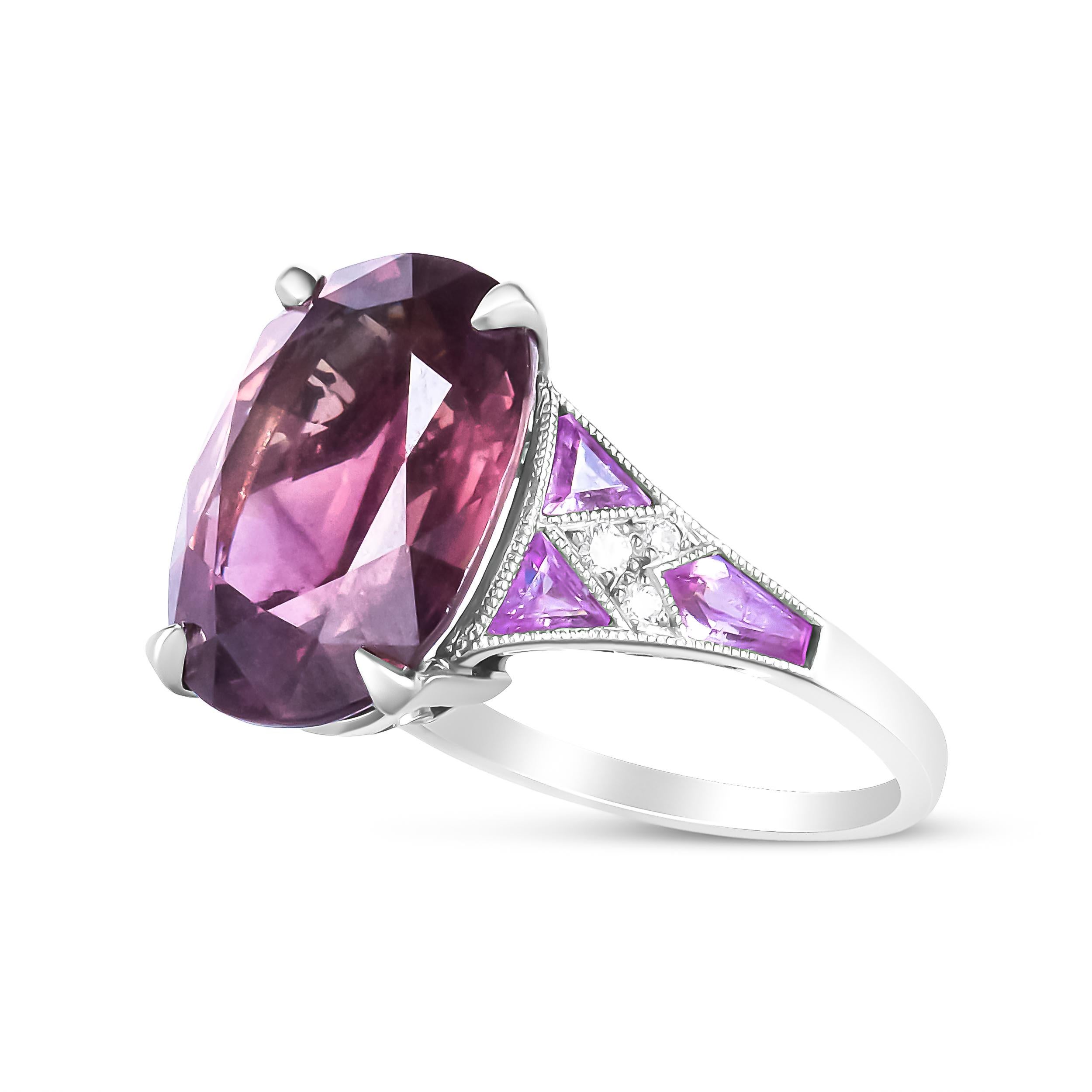 Contemporary Platinum Heat-Treated Purple Trillion Sapphire and Diamond Accent Cocktail Ring