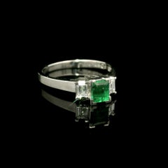 Platinum High Quality 0.81ctw Emerald w/ Diamond Brushed Finish 3 Stones Ring