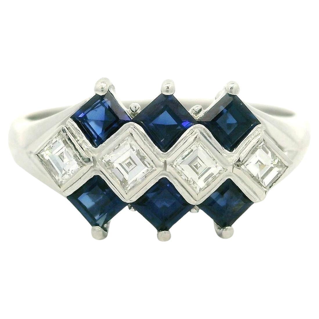 Platinum High Quality 1.19ctw Square Step Cut Sapphire & Diamond Geometric Ring