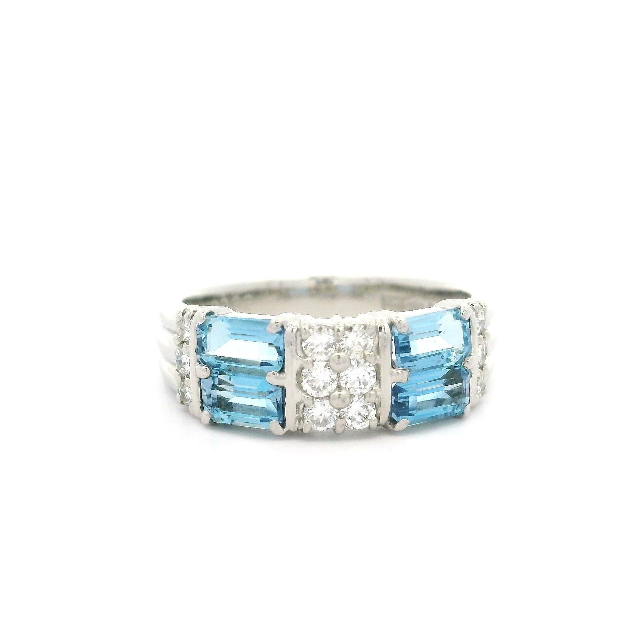 Platinum High Quality 1.37ctw Emerald Cut Aquamarine & Diamond Band Ring