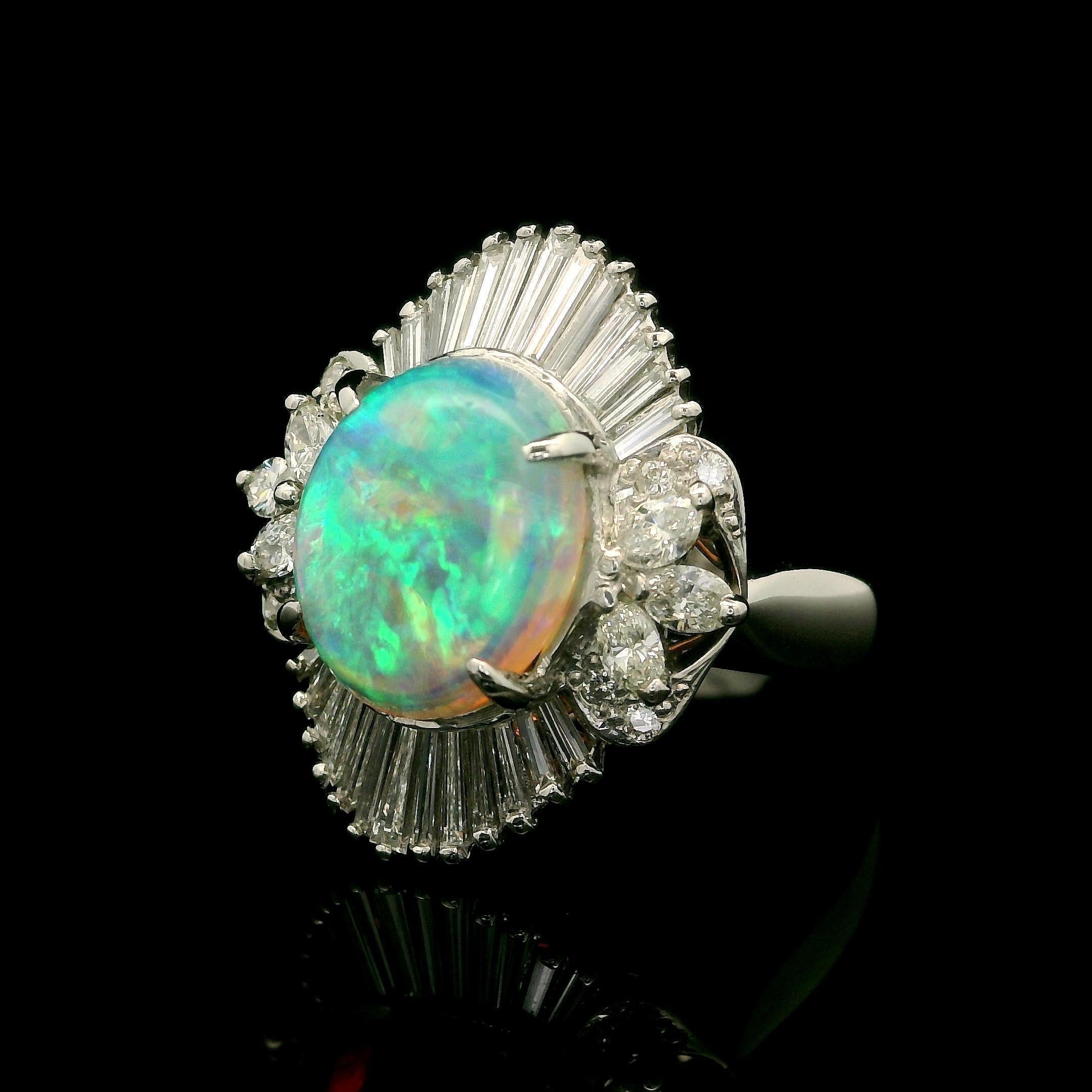 Platinum High Quality 3.13ctw Opal Diamond Floral Ballerina Design Cocktail Ring For Sale 8