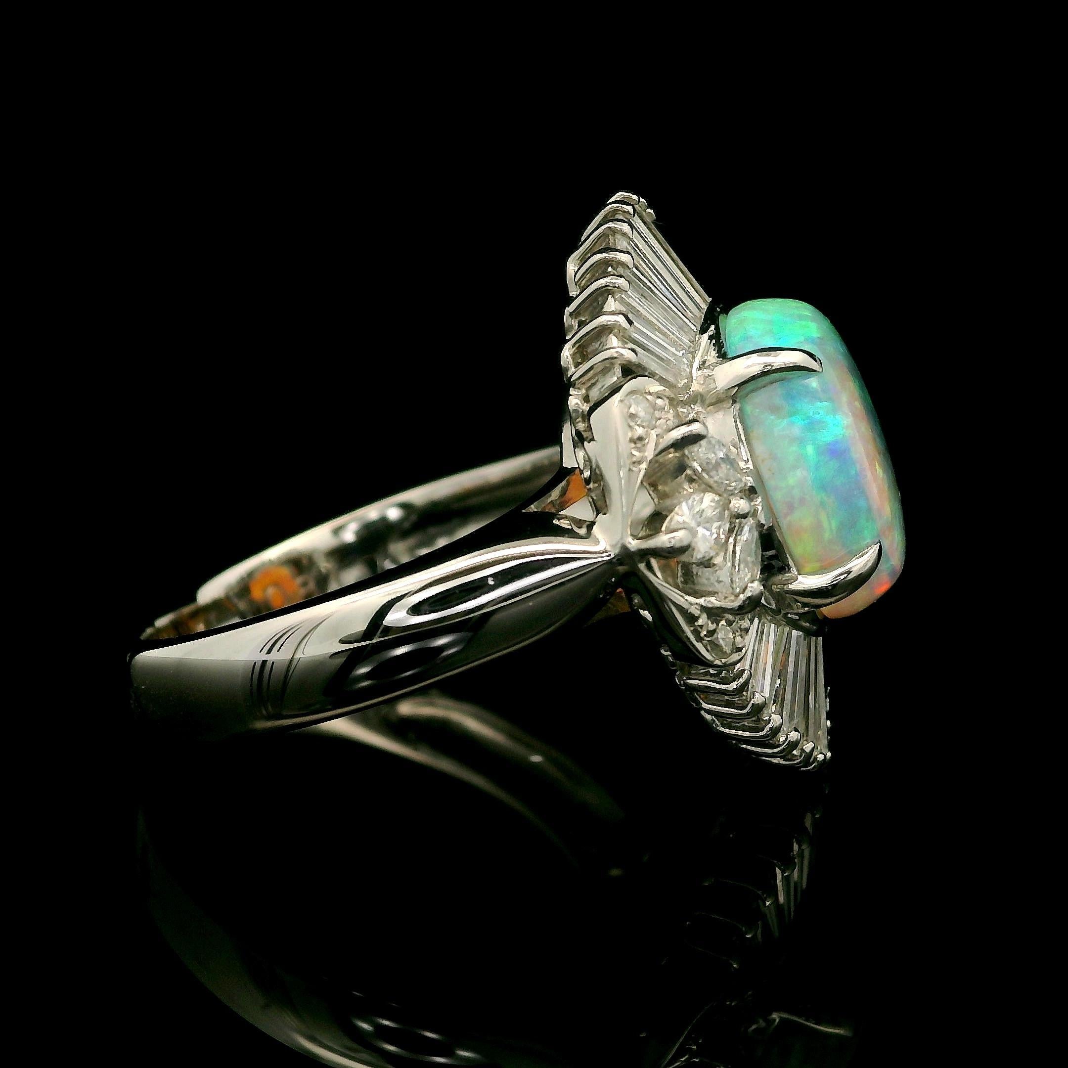 Cabochon Platinum High Quality 3.13ctw Opal Diamond Floral Ballerina Design Cocktail Ring For Sale