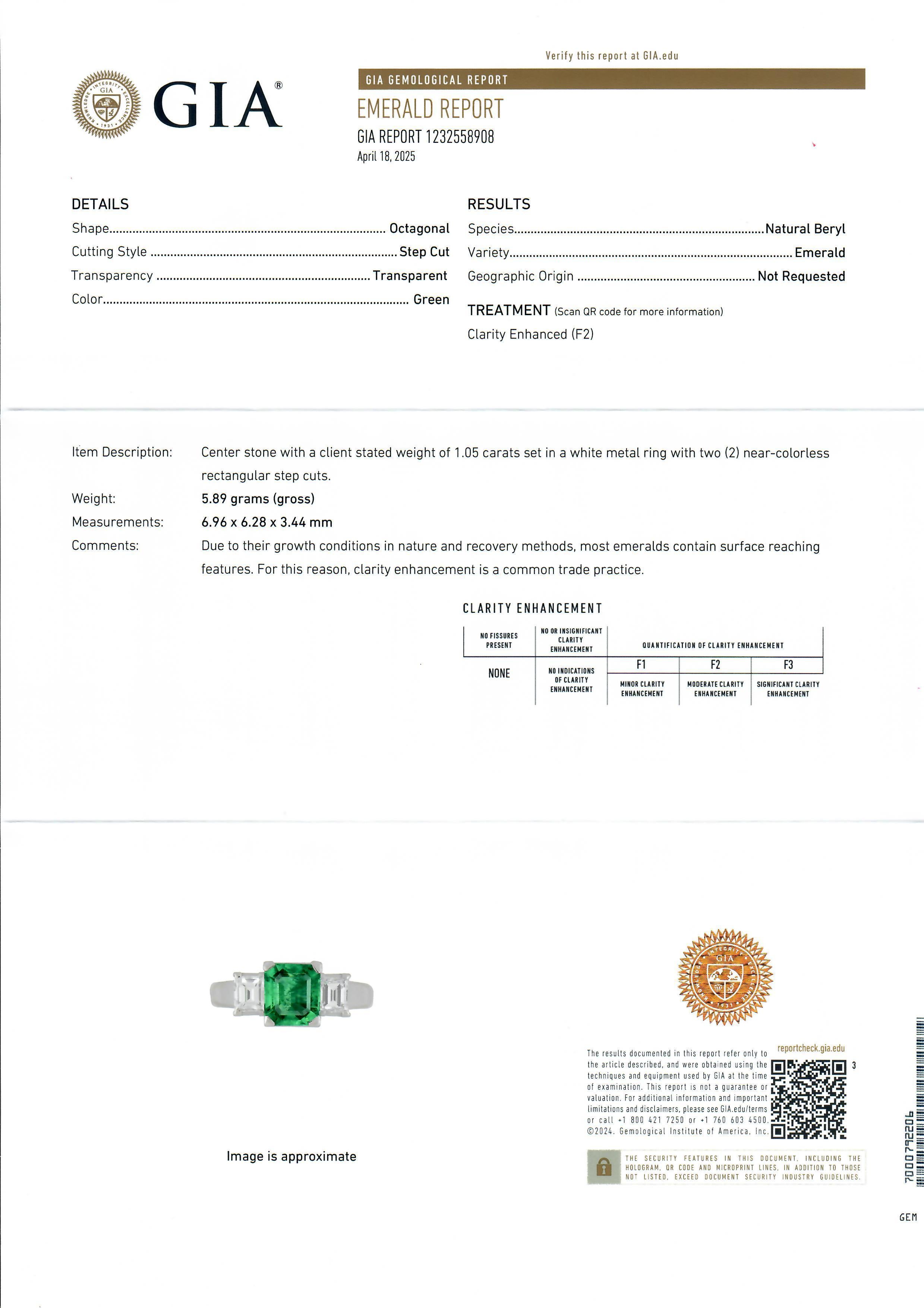 --Stone(s):--
(1) Natural Genuine Emerald - Octagonal Step Cut - Prong Set - Very Nice Vivid Green Color - 1.05ct (exact)
** See Certification Details Below for Complete Info ** 
(2) Natural Genuine Diamonds - Emerald Cut - Prong Set - G/H Color -