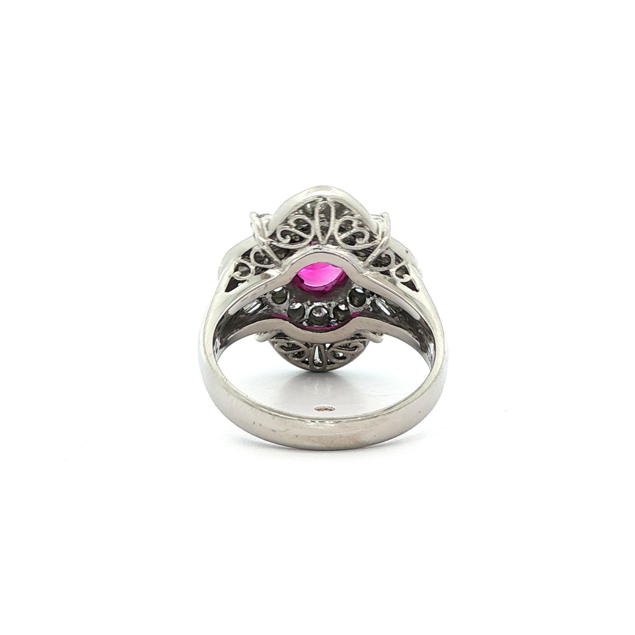 Platinum High Quality GIA 2.04ct No Heat Oval Vivid Red Ruby & Diamond Ring For Sale 6