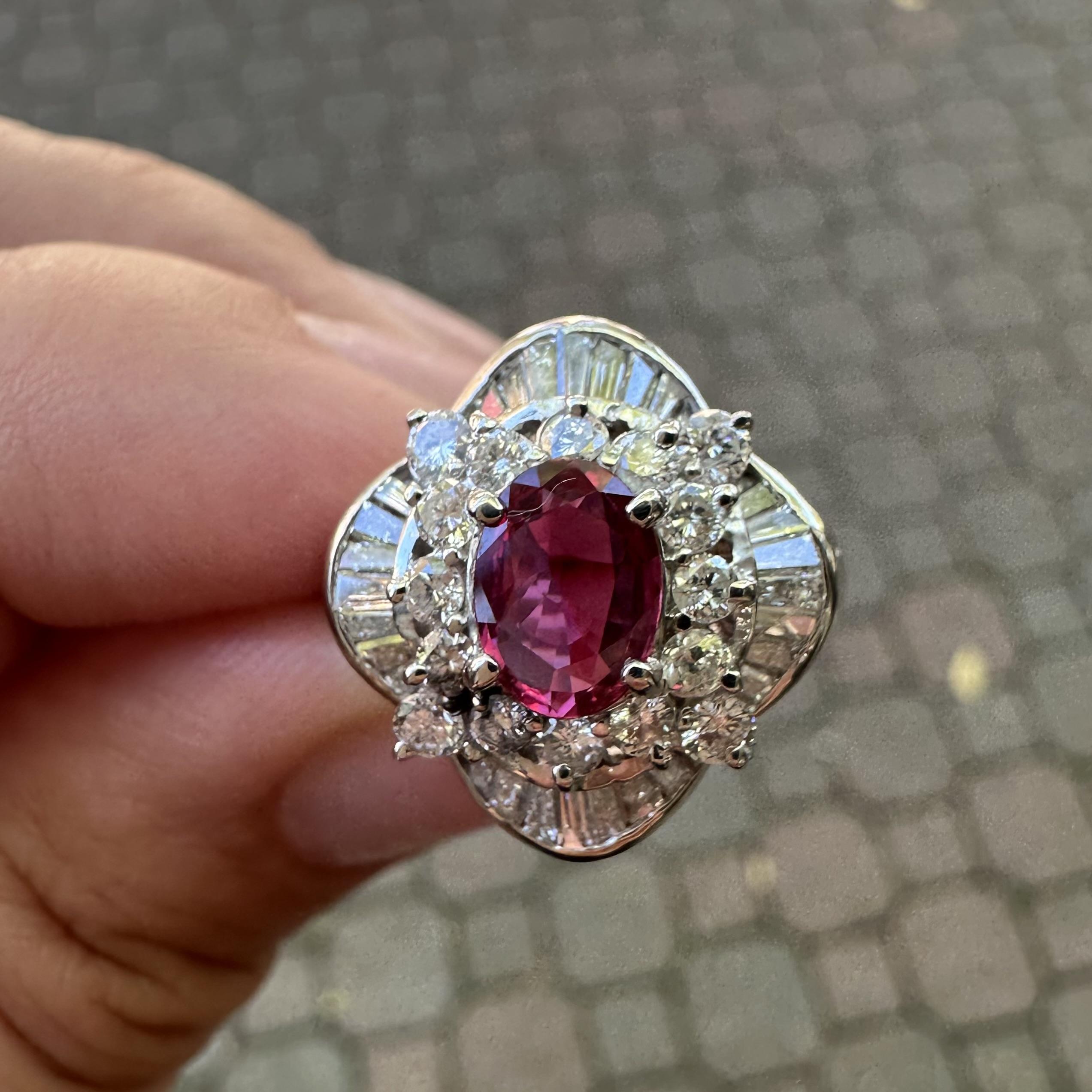 Platinum High Quality GIA 2.04ct No Heat Oval Vivid Red Ruby & Diamond Ring For Sale 9
