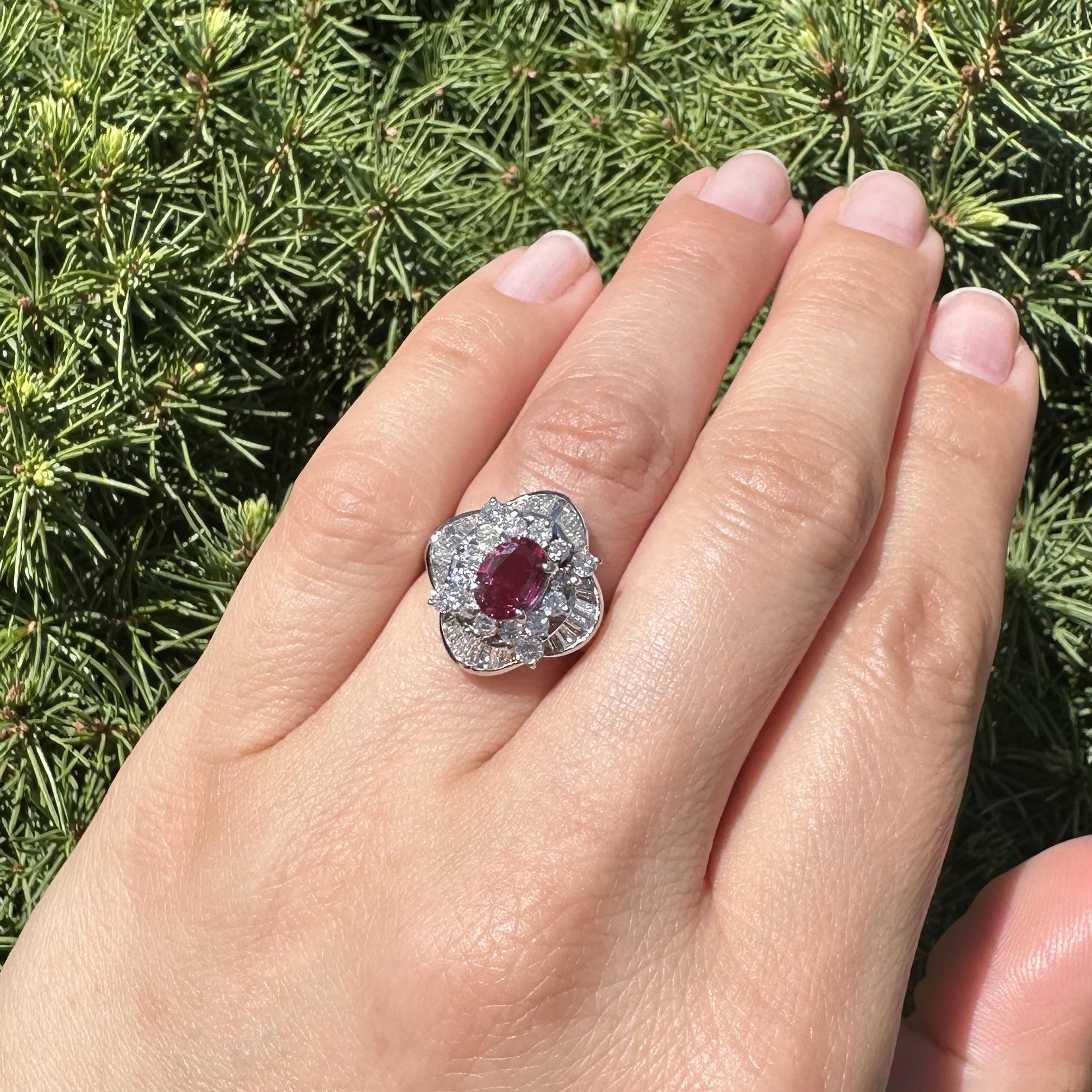 Platinum High Quality GIA 2.04ct No Heat Oval Vivid Red Ruby & Diamond Ring For Sale 11