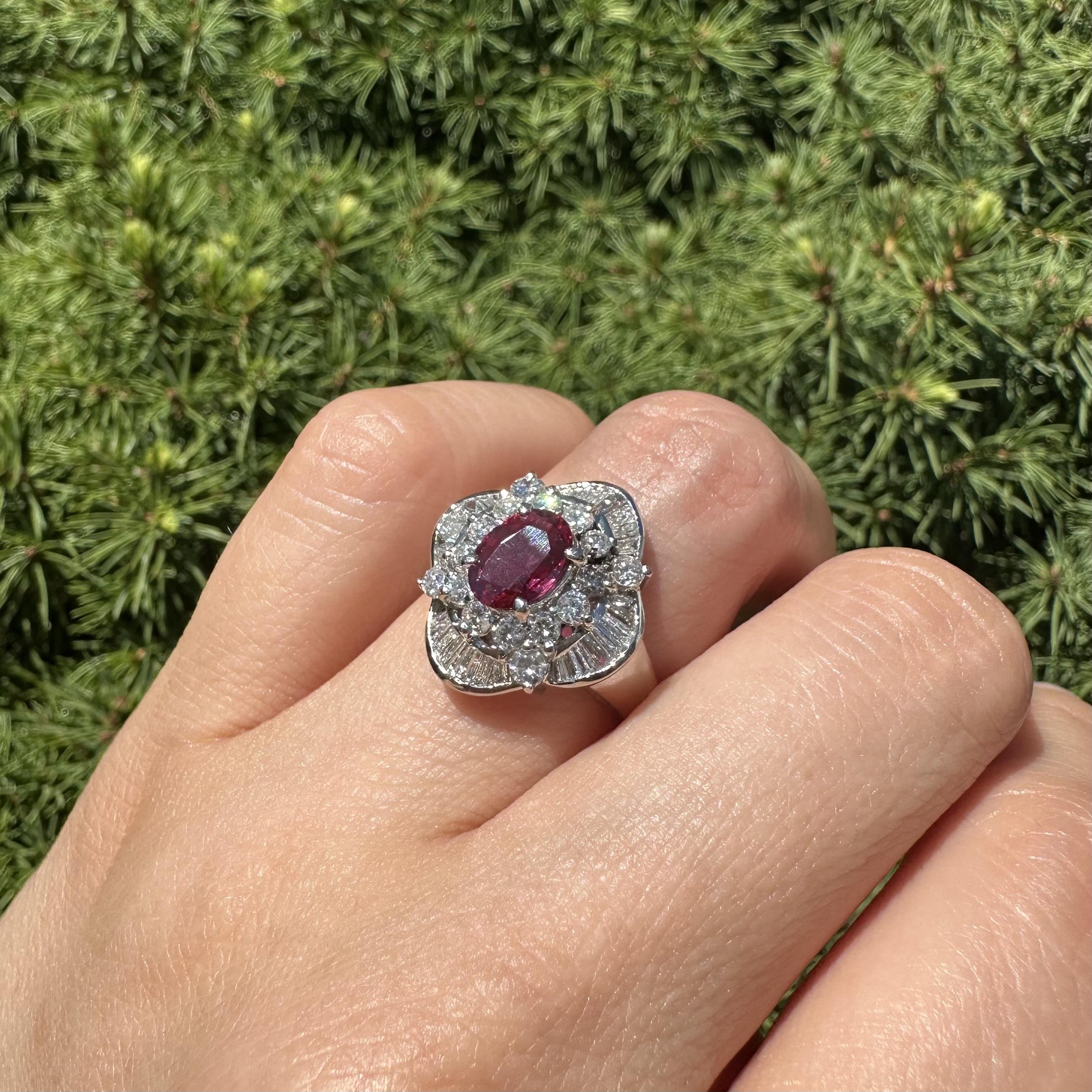 Platinum High Quality GIA 2.04ct No Heat Oval Vivid Red Ruby & Diamond Ring For Sale 12