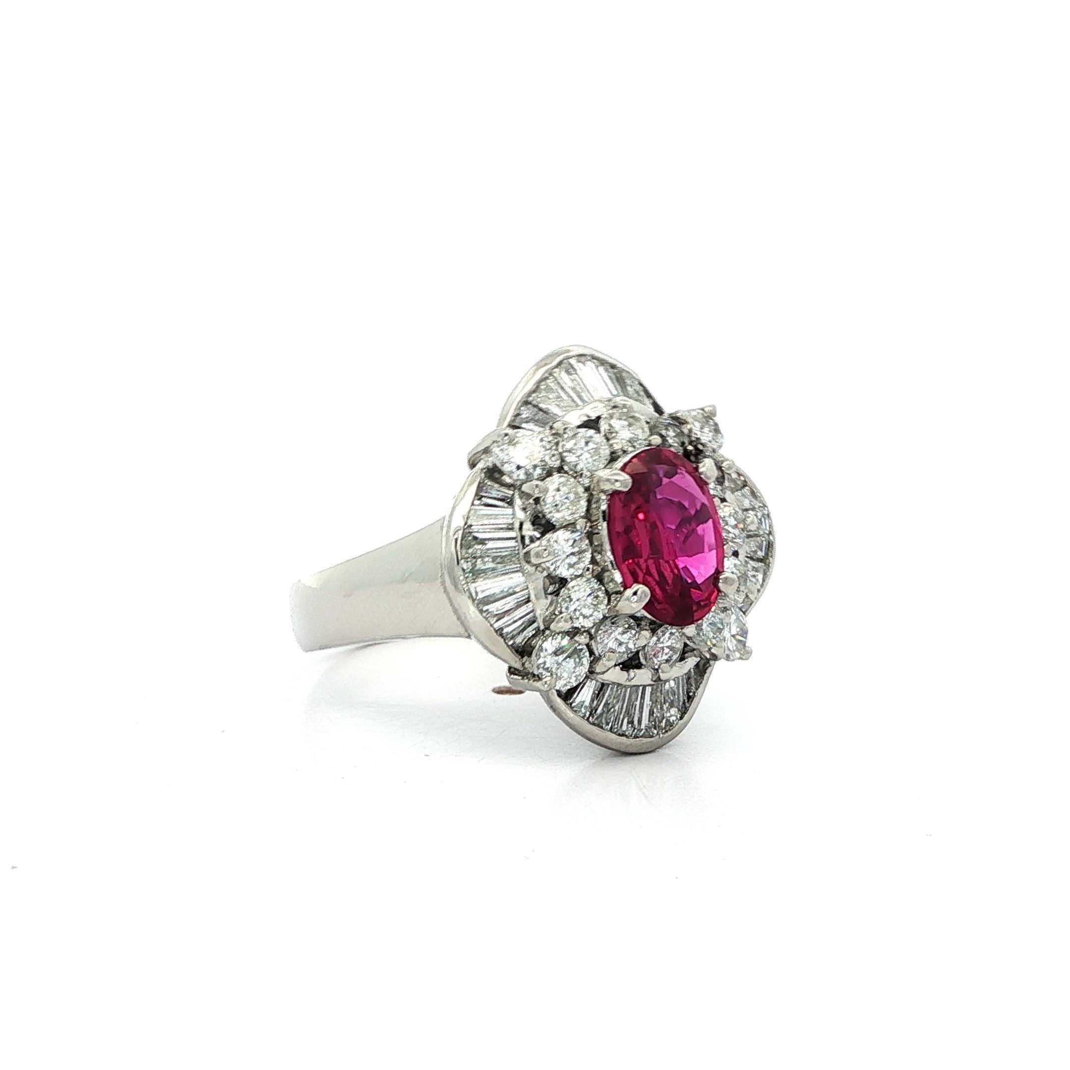 Platinum High Quality GIA 2.04ct No Heat Oval Vivid Red Ruby & Diamond Ring For Sale 1