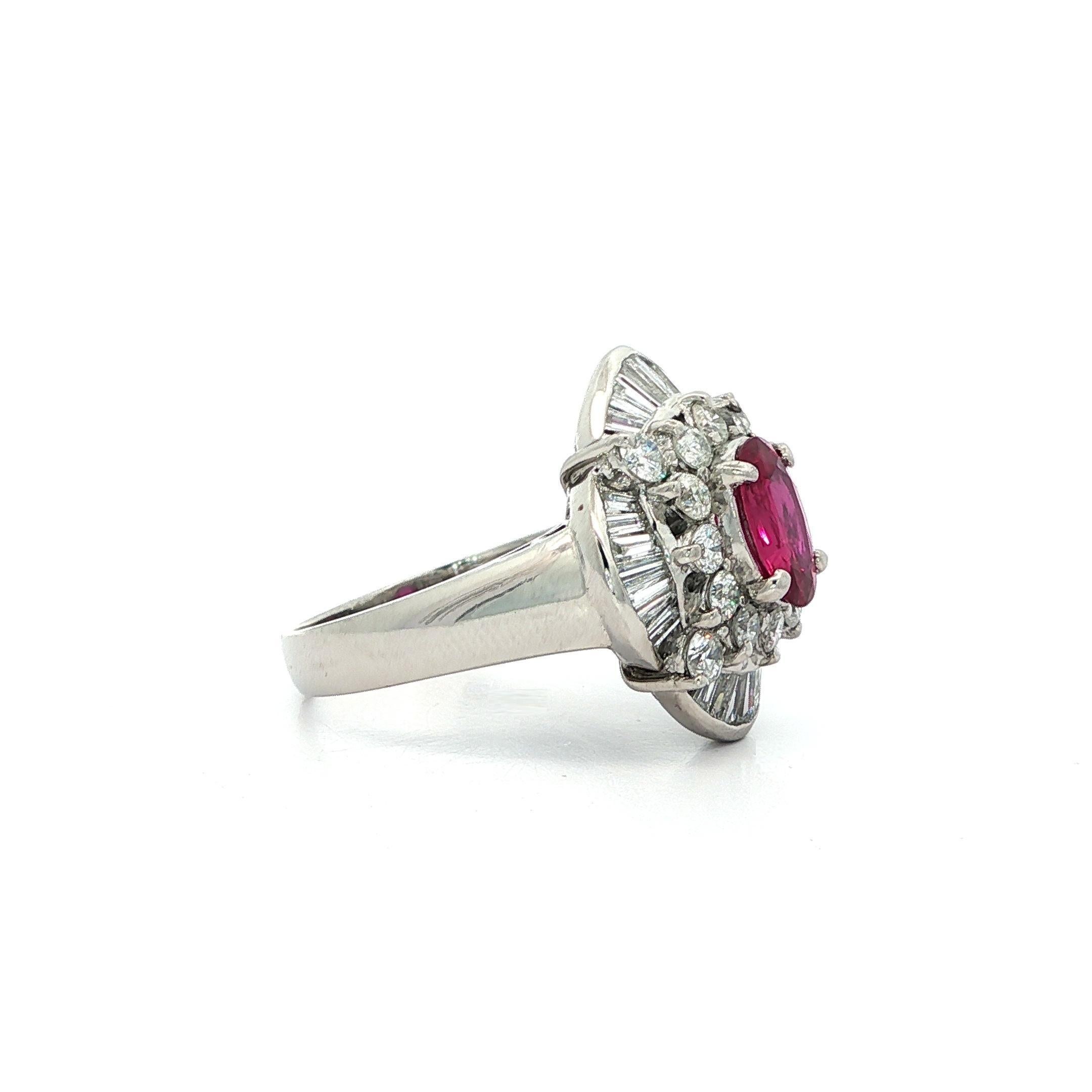 Platinum High Quality GIA 2.04ct No Heat Oval Vivid Red Ruby & Diamond Ring For Sale 2